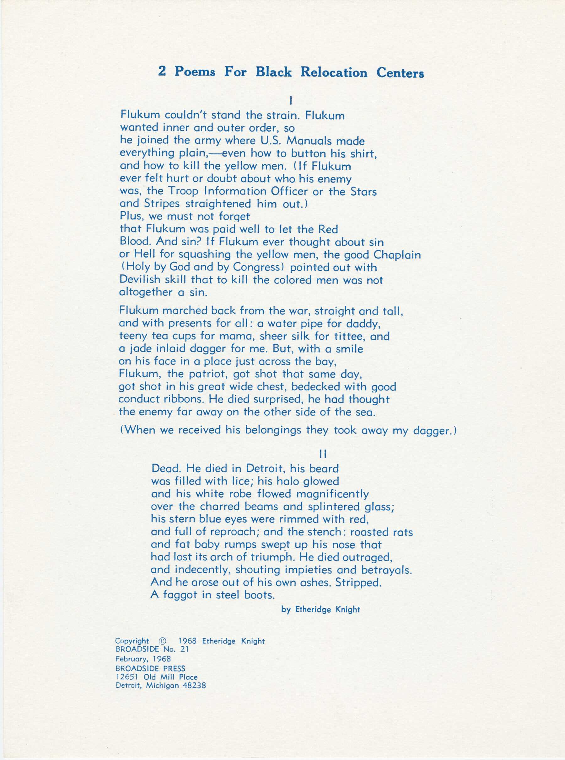 A collection of poems titled 2 Poems For Black Relocation Centers written by Etheridge Knight and published by Broadside Press as Broadside No. 21. The poem is on white paper with and printed in blue ink.