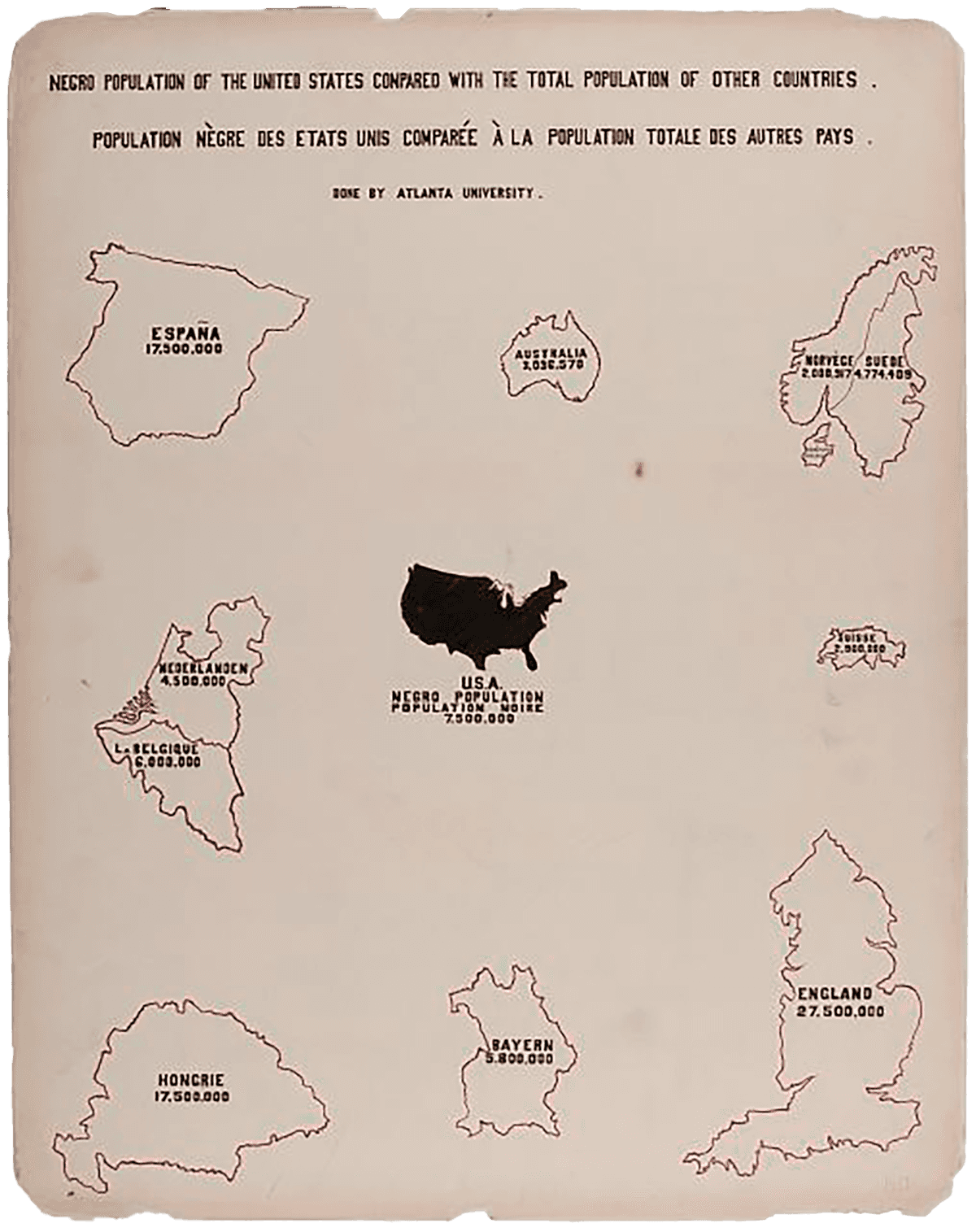 Hand drawn visualization comparing the populations of African Americans with the total population of other countries including, Spain, Australia, Norway, Sweden, Netherlands, Belgium, Switzerland, Hungry, Bayern (Germany) and England.  Each country's geographic shape is in outline with name and population inside.  They surround a map of the USA and the African American population in 1900.