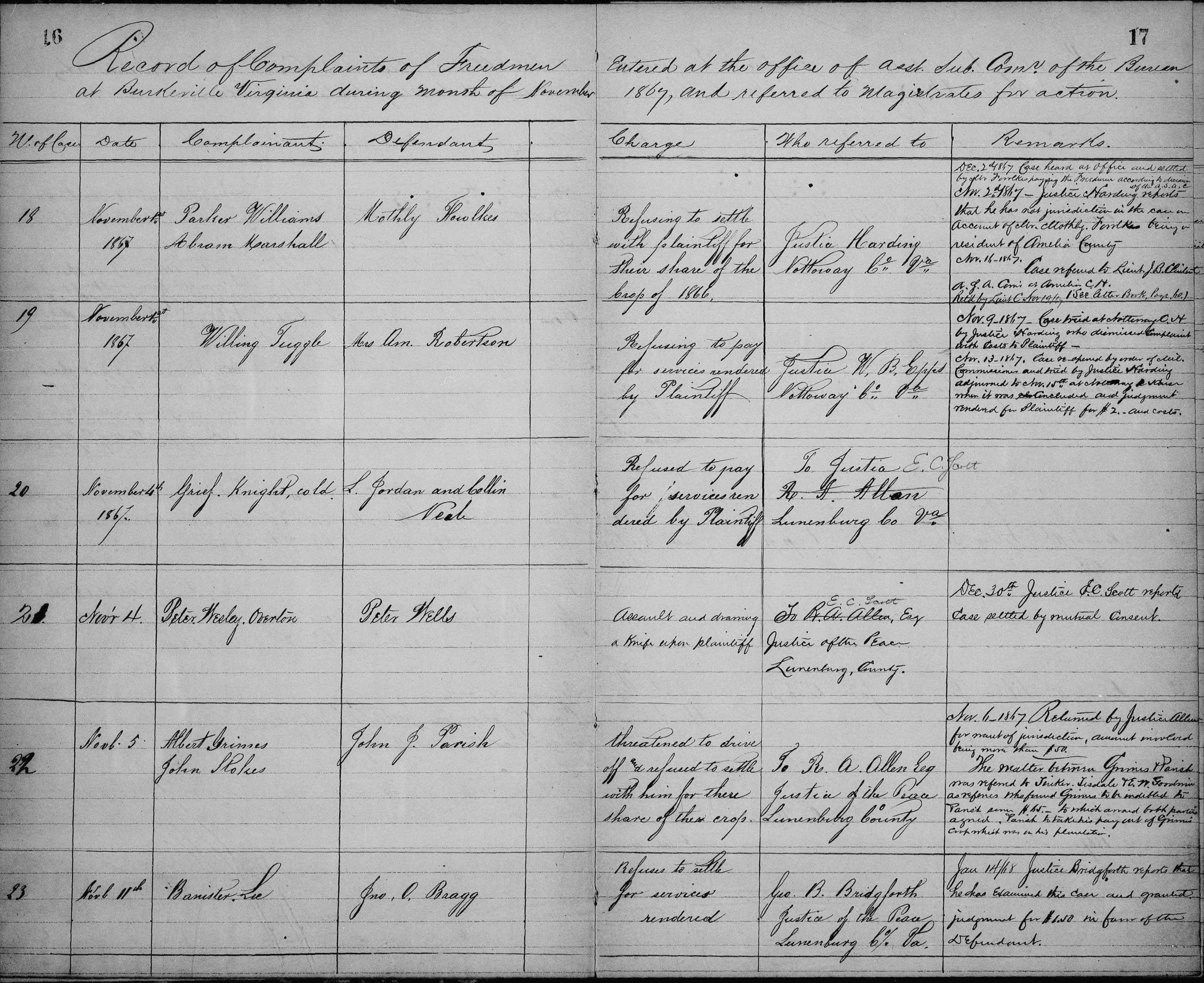 A two page records, handwritten, of freedmen’s complaints in a chart with different columns of information gathered.