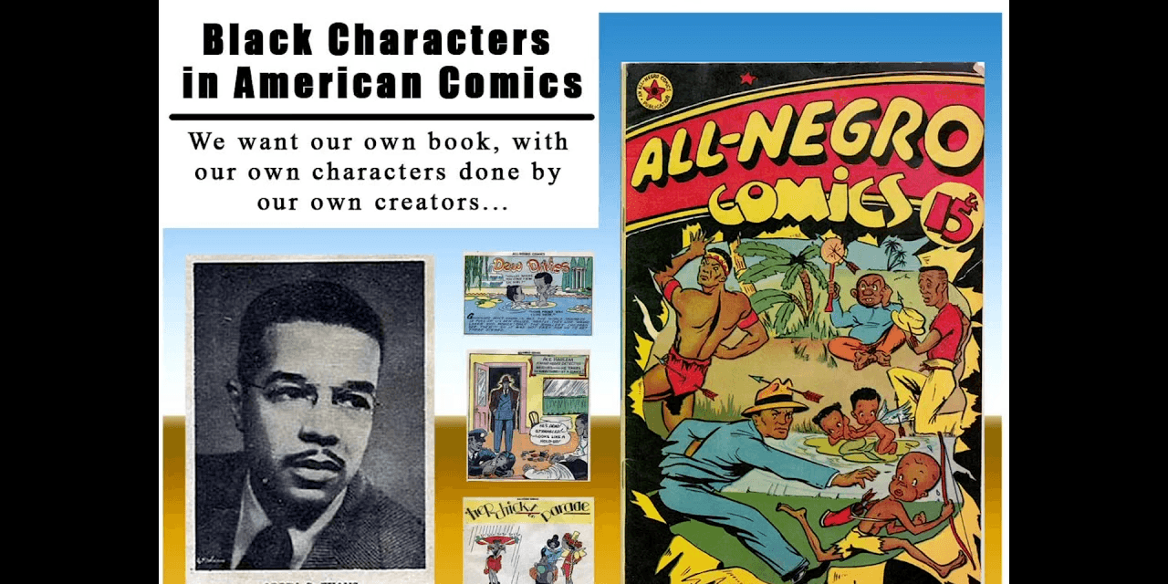 A slide from the presentation called Black Characters in American Comics with pictures of comic cover and author.