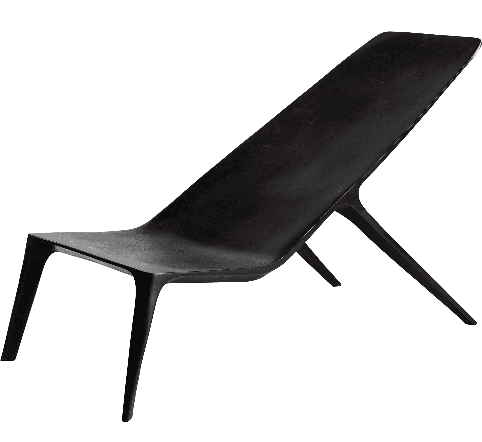 Modern black lounge chair with a low, angled back and slender legs against a plain gray background.