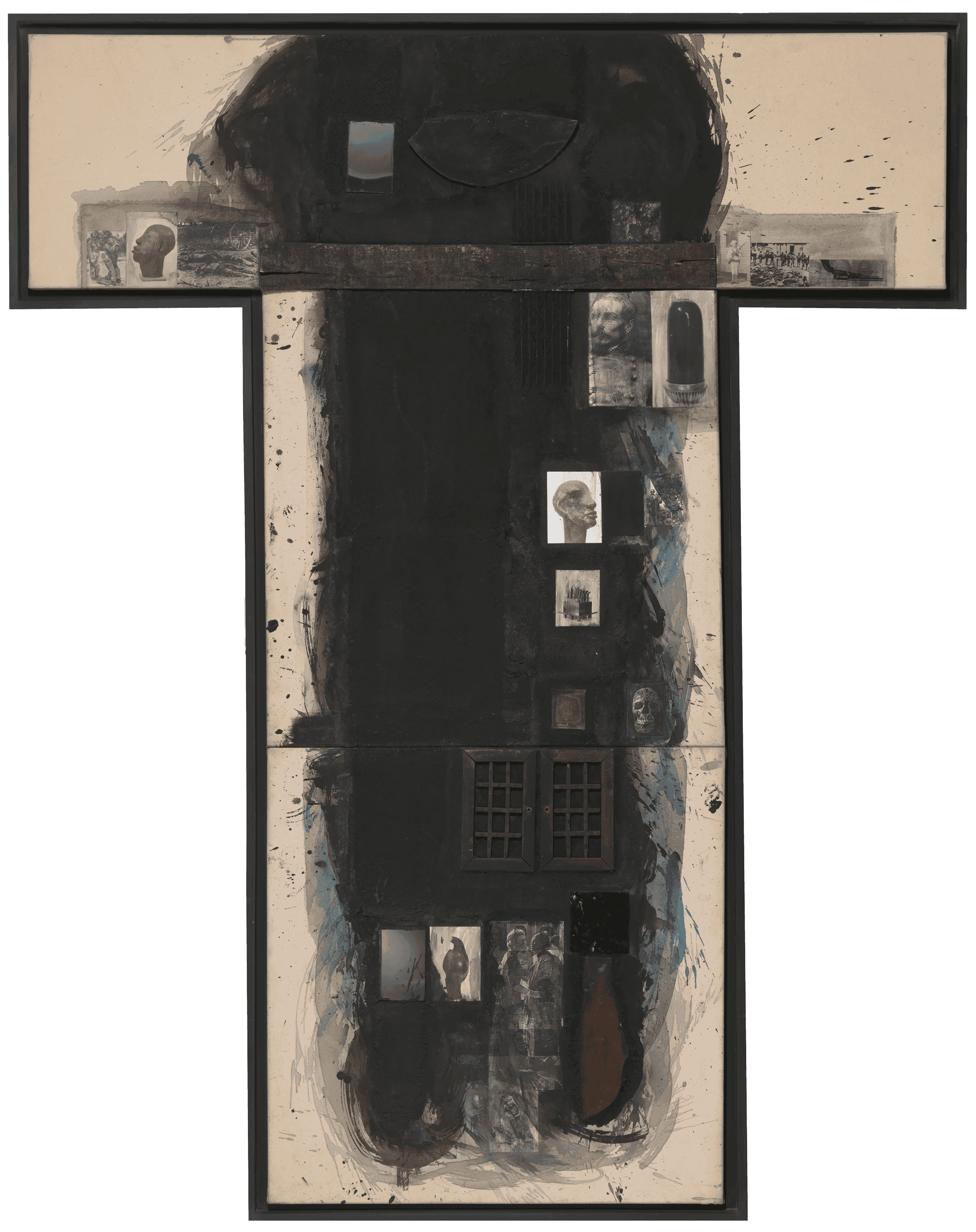 Mixed-media artwork featuring a large, abstract cross shape with various photographs and textured materials in dark tones.