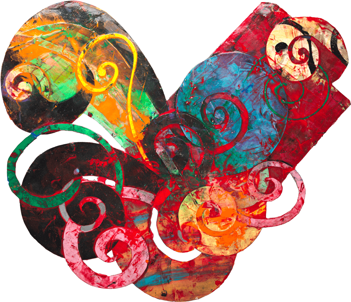 Colorful abstract artwork featuring swirling patterns and overlapping shapes in red, blue, orange, and green tones.