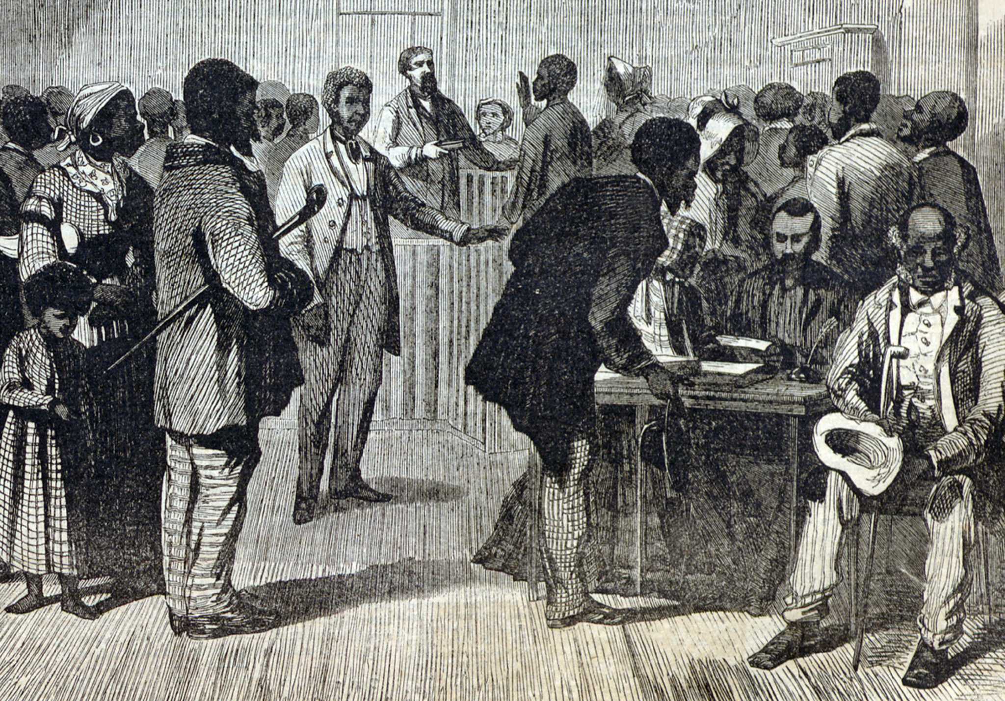 Engraving depicting court in session at Freedmen's Bureau offices