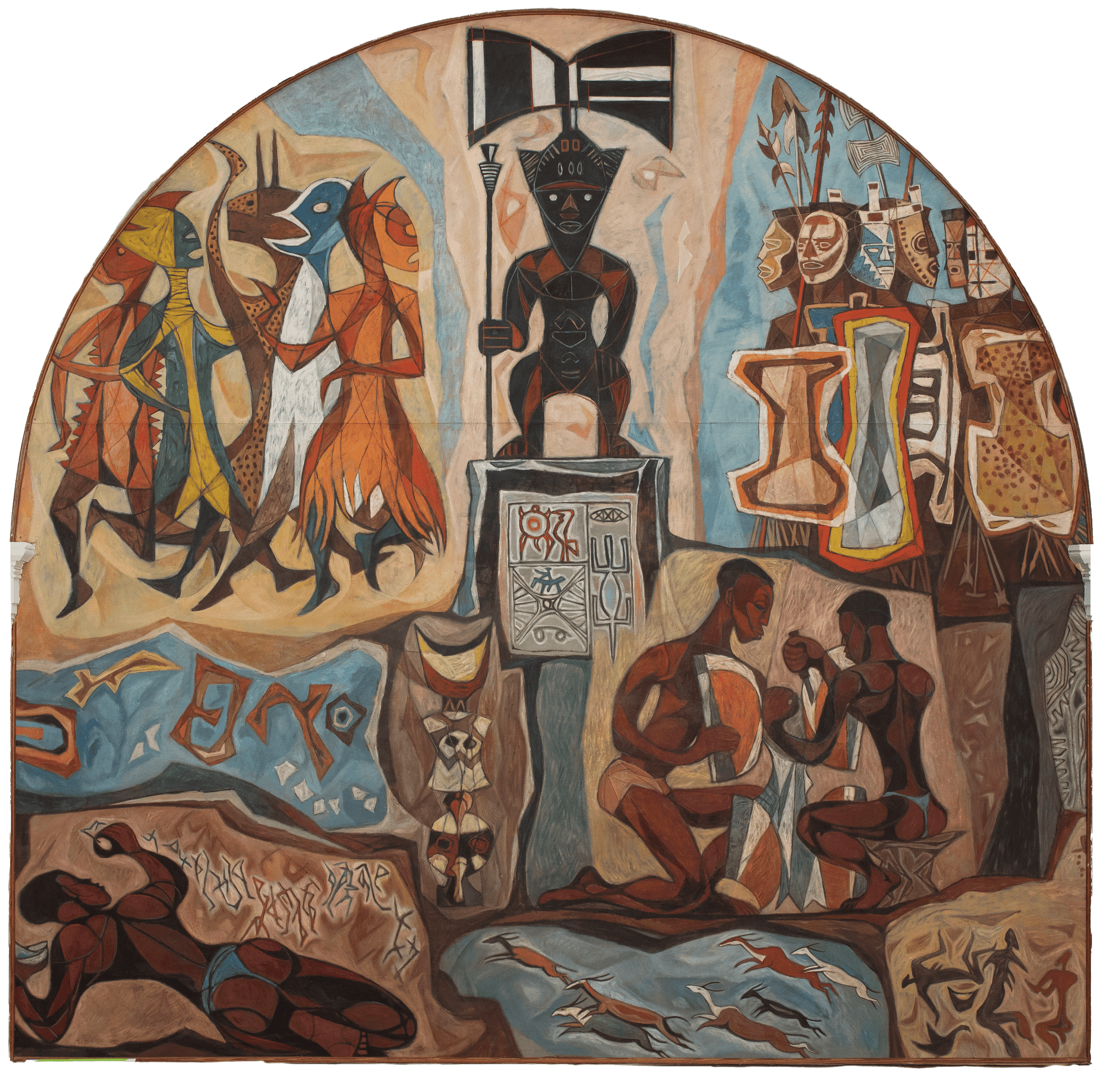 Mural painting featuring stylized human and animal figures, cultural symbols, and musicians, depicting a vibrant community scene.