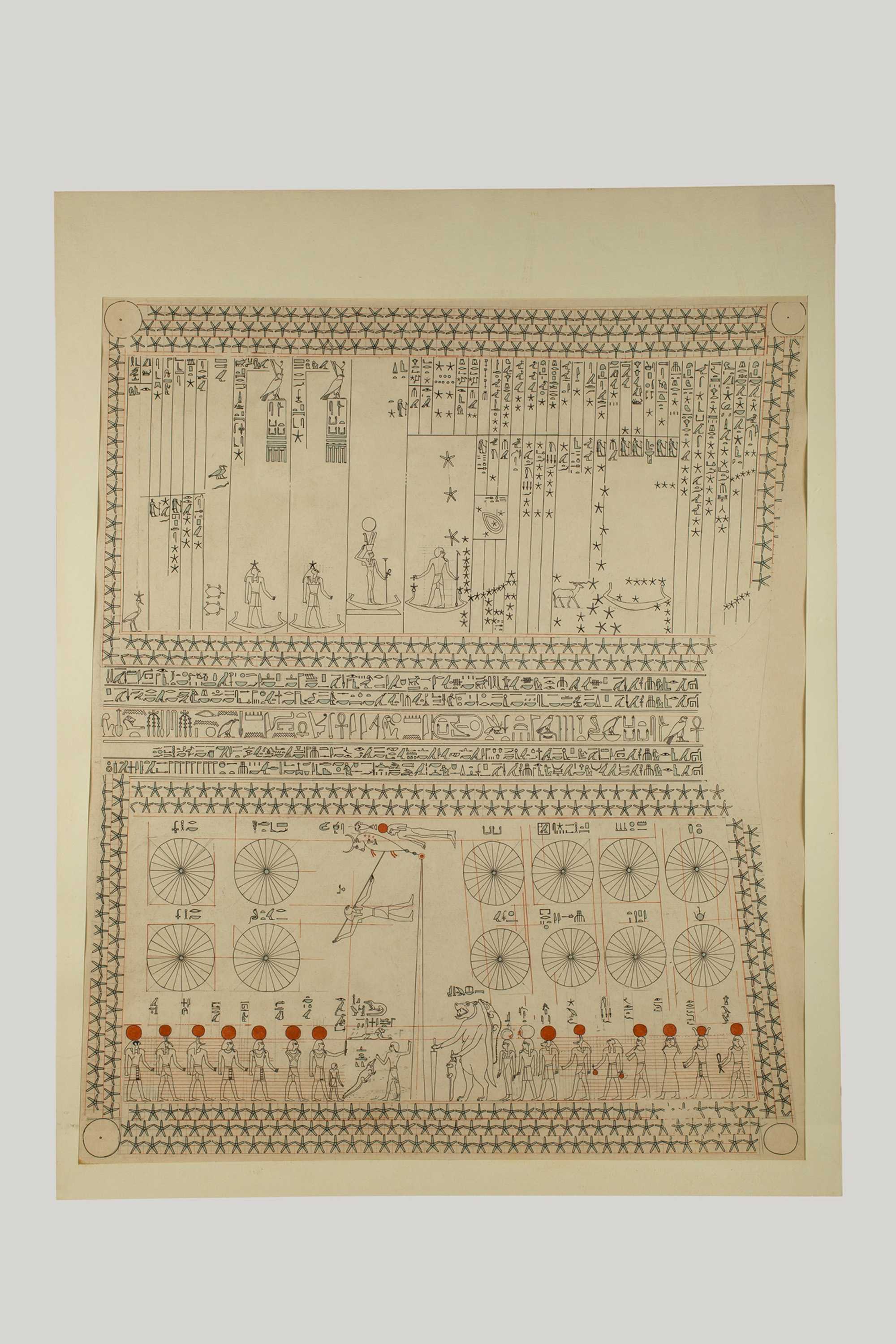 A guide with hieroglyphics and other drawings, objects, and information on a tan background.