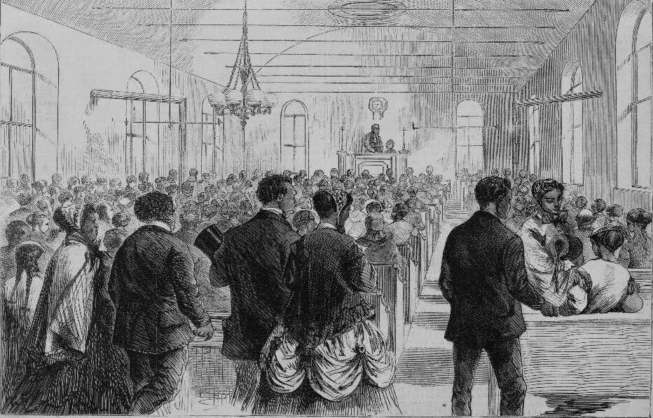 A sketch of The National Colored Convention in session in a large open hall.