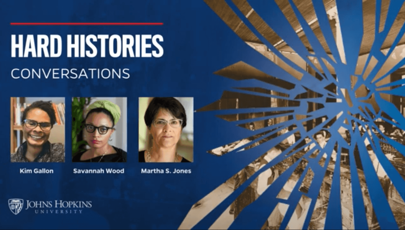 Titled 'Hard Histories Conversations', the panel cover photo has headshots of each panelist and a shattered designed of an old photograph.