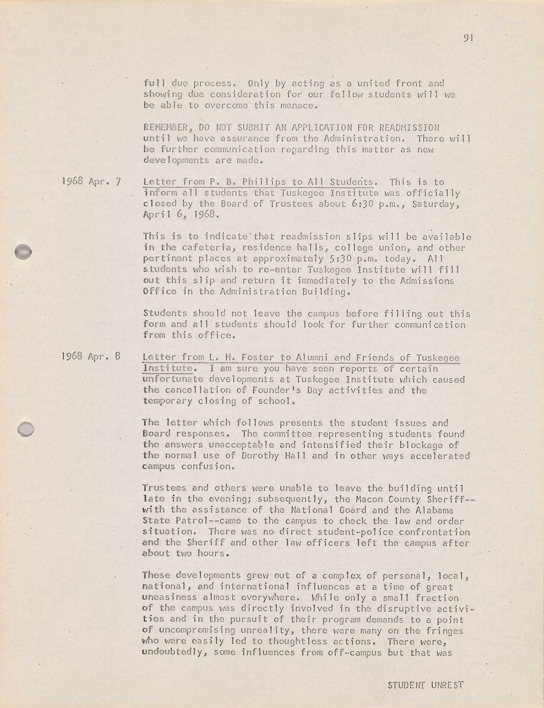 Page 91 from Chester Higgins Journal detailing communication between Tuskegee Institute, students and faculty sharing details about school closing.