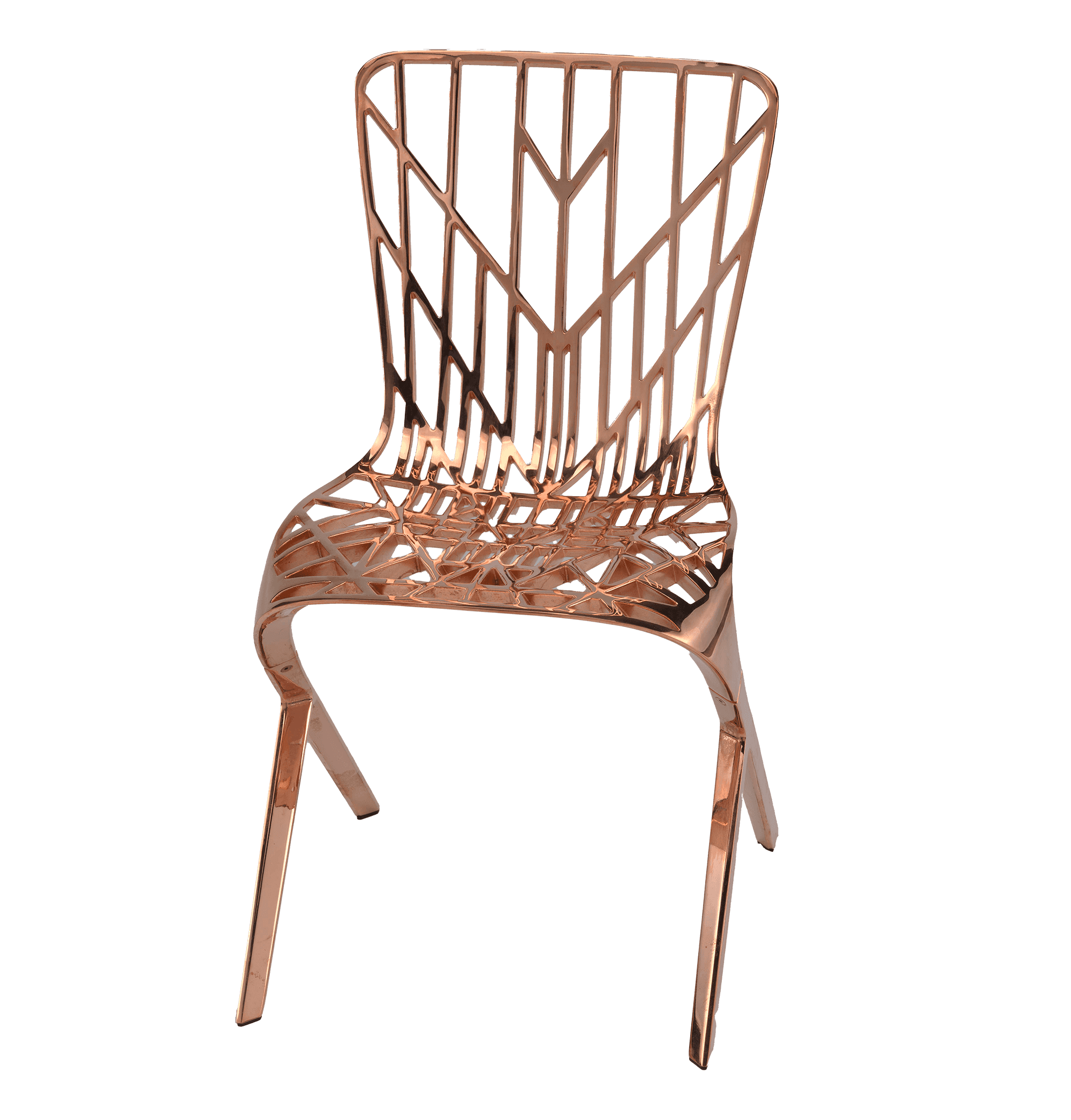Modern copper-colored metal chair with an intricate geometric lattice backrest and seat.