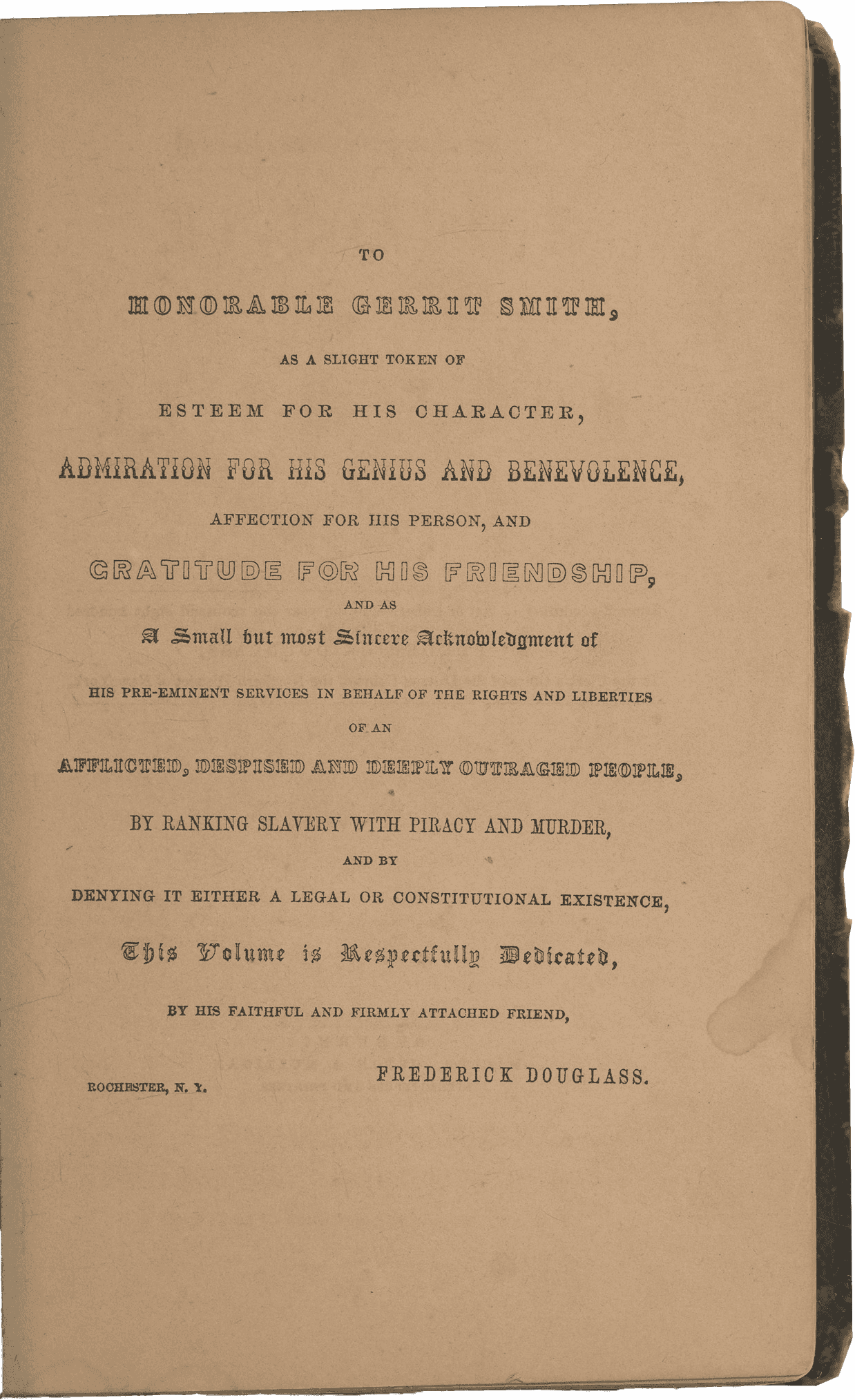 Hardcover book entitled "My Bondage and My Freedom" with an illustration of Frederick Douglass as frontispiece. This slave narrative is dedicated to Gerrit Smith.
