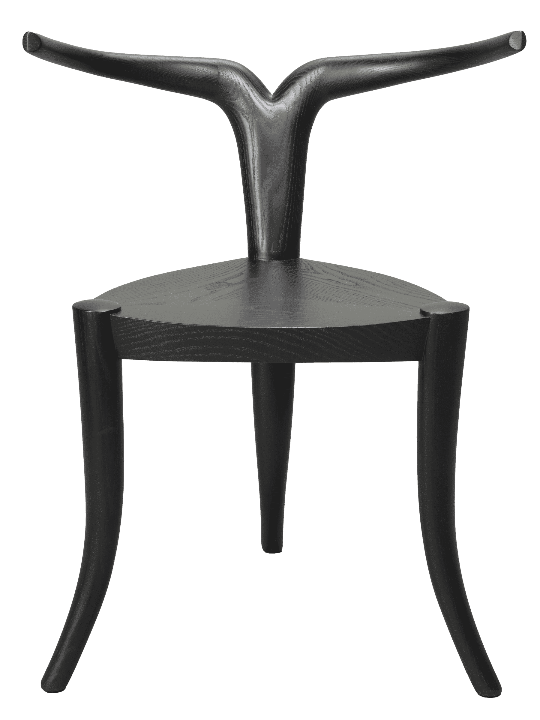Black wooden chair with a sculptural Y-shaped backrest, round seat, and curved legs.