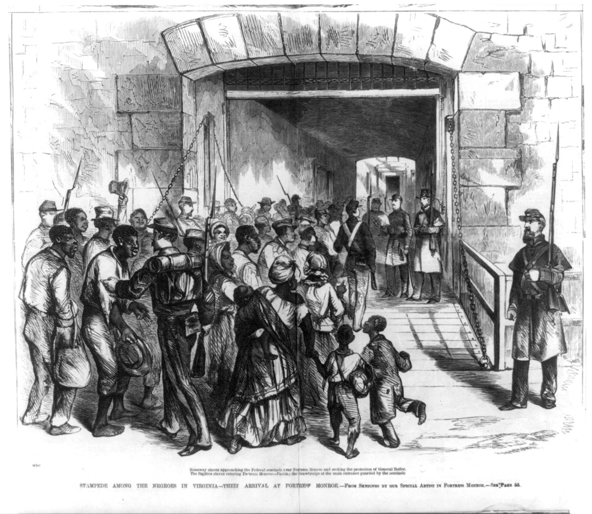 Illustration of soldiers and people at Fort Monroe