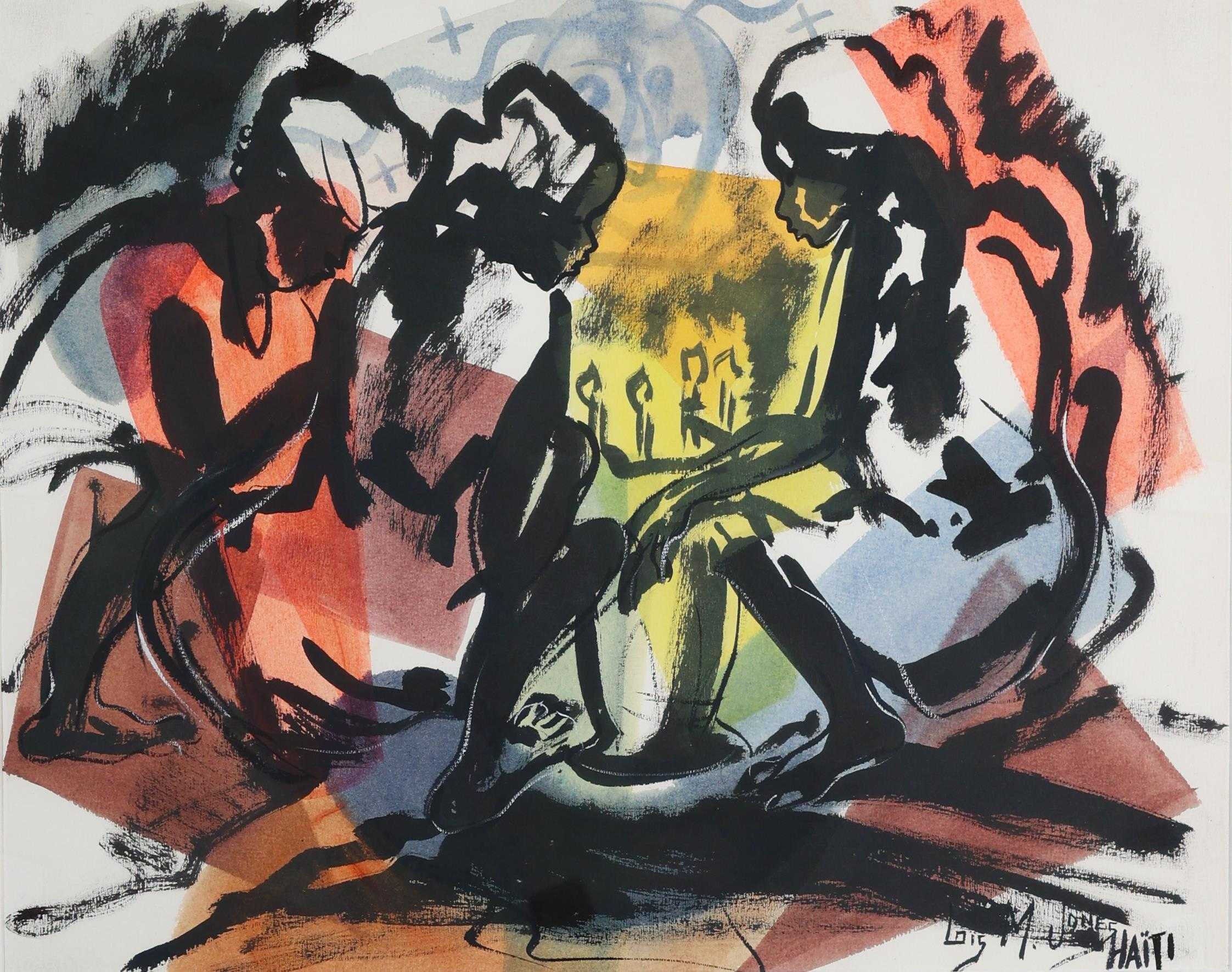 Abstract painting of three seated women seated around a fire.