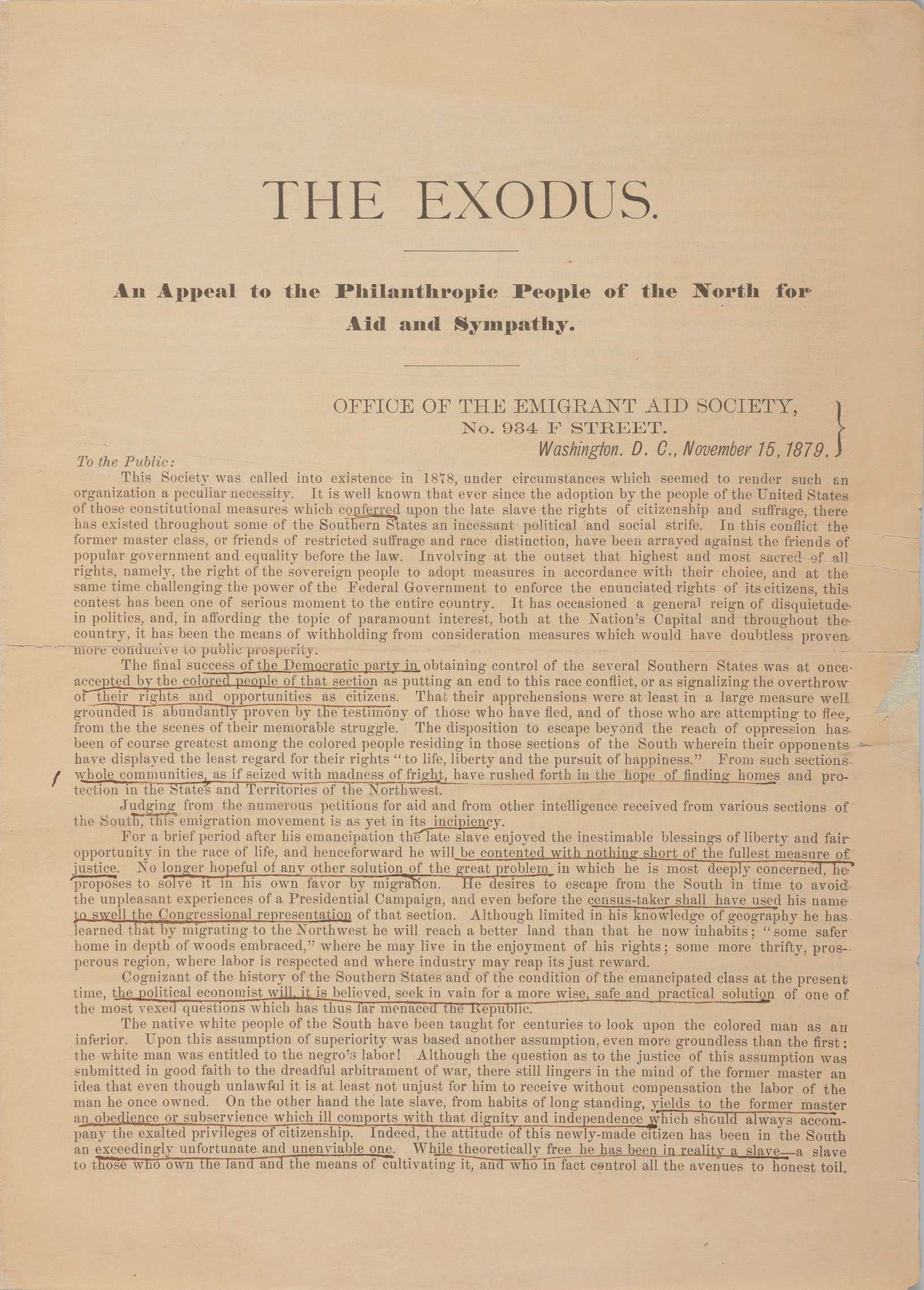 First page of an essay published by the Emigrant Aid Society of Washington, D.C.