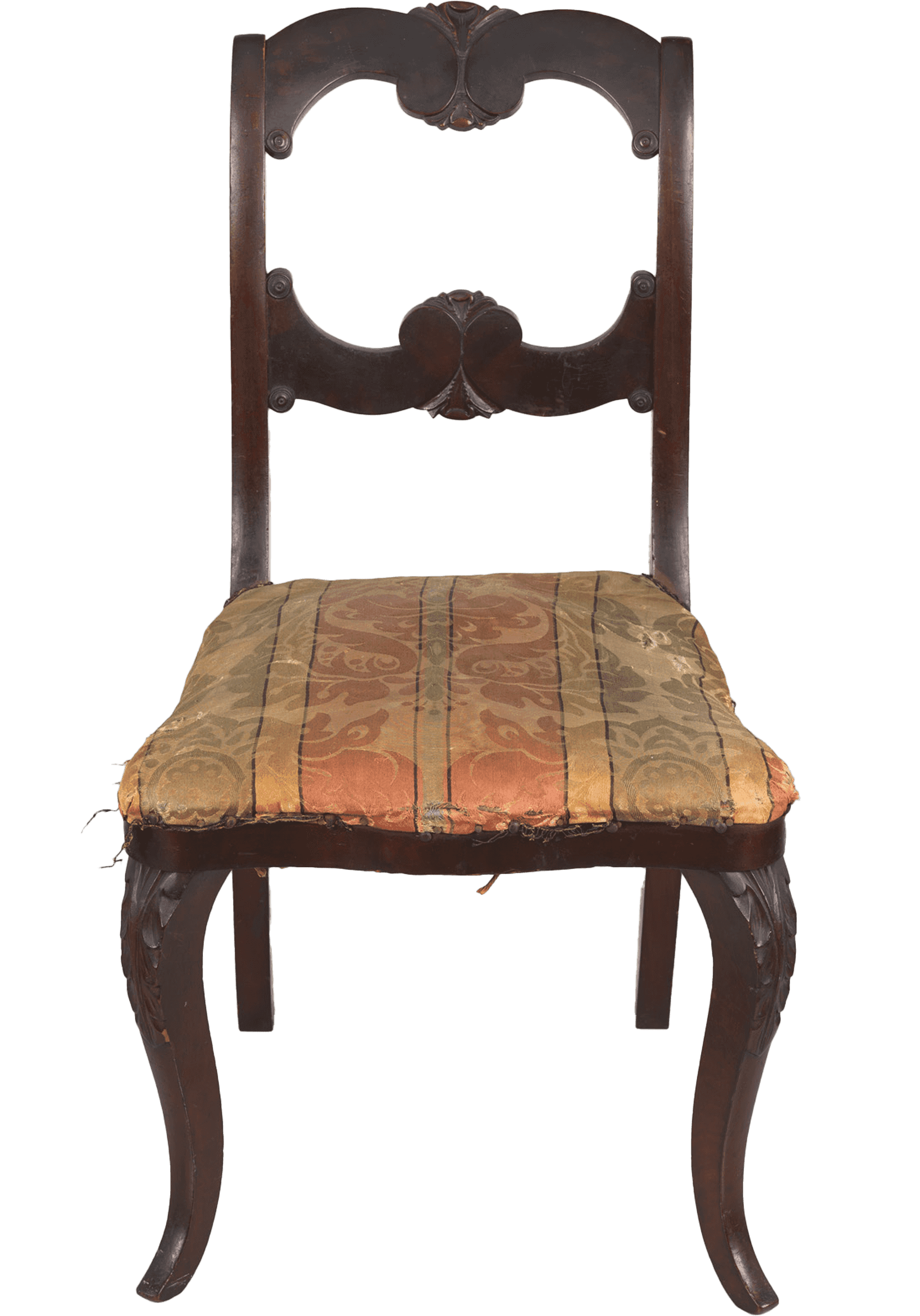 Side chair created by Thomas Day. The chair has mahogany legs and back with scroll and floral detailing. There is an engraved floral motif on the center top rail. The seat is upholstered and filled with burlap. The fabric has cream, green, and red striped sections with black borders and an overall floral motif. The upholstery is worn with small areas of loss. The chairs springs are visible through the loose fabric backing below the seat.
