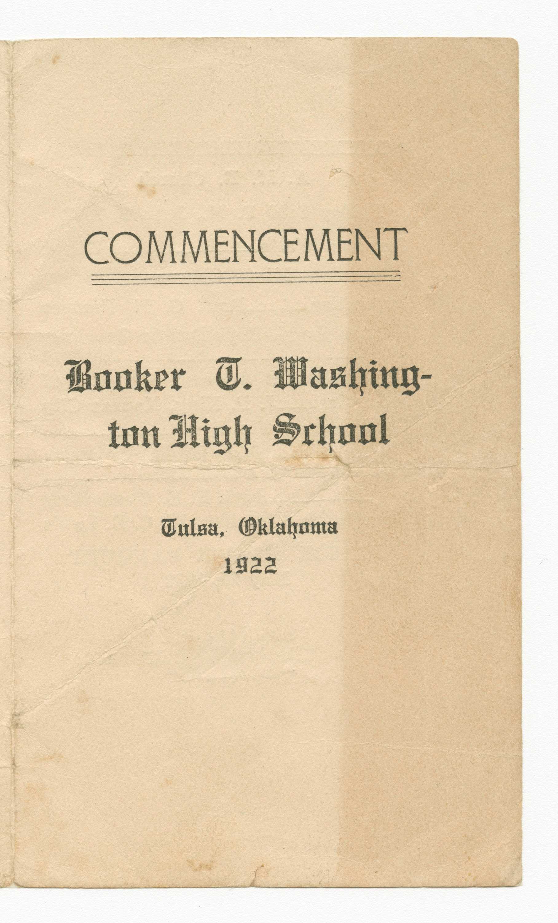 A program, black ink on discolored paper, for the commencement of the Booker T. Washington High School class of 1922.