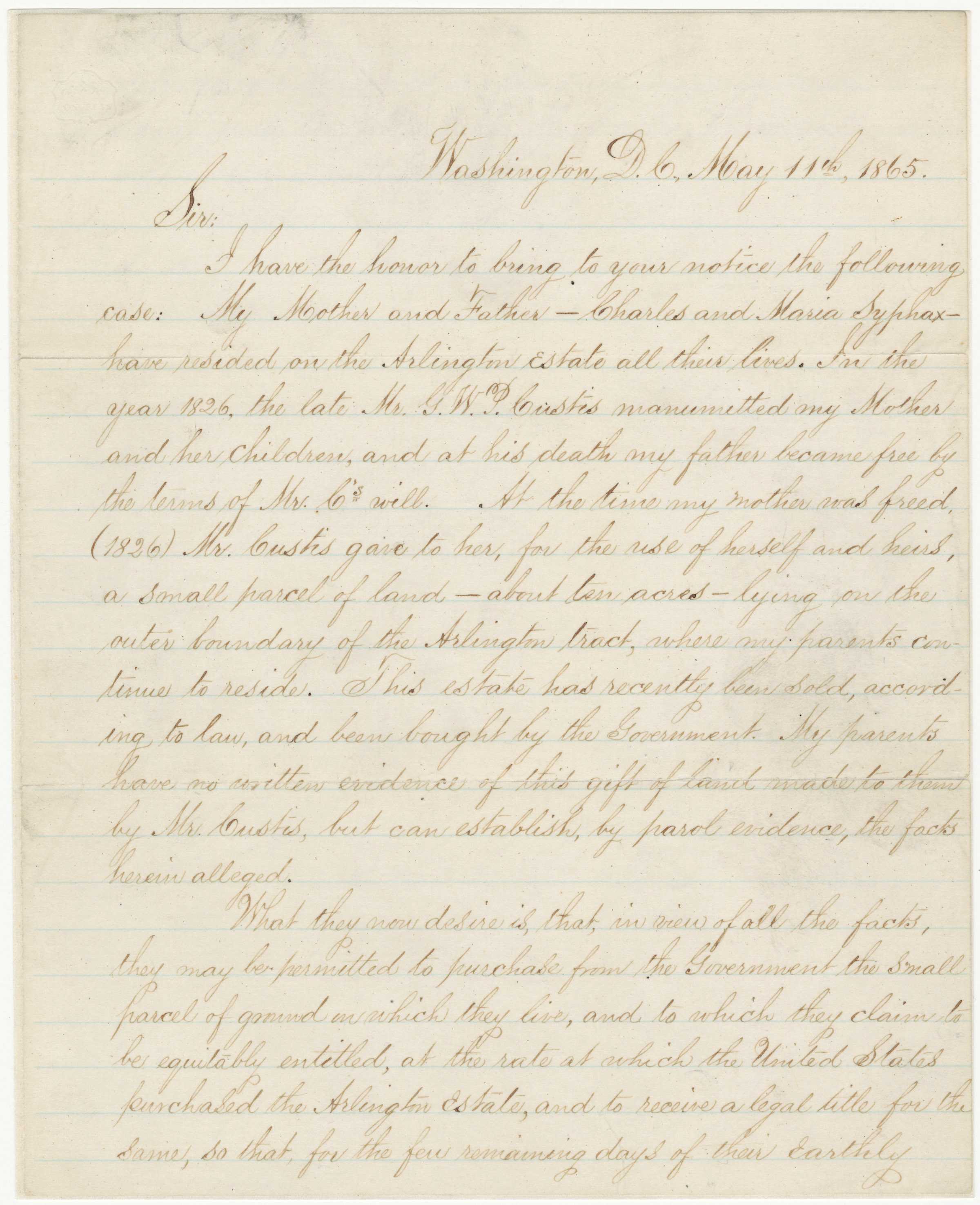 Letter dated May 15, 1865, from the Executive Office, expressing hopes for requests to be complied with, signed by J. A. Jakes.