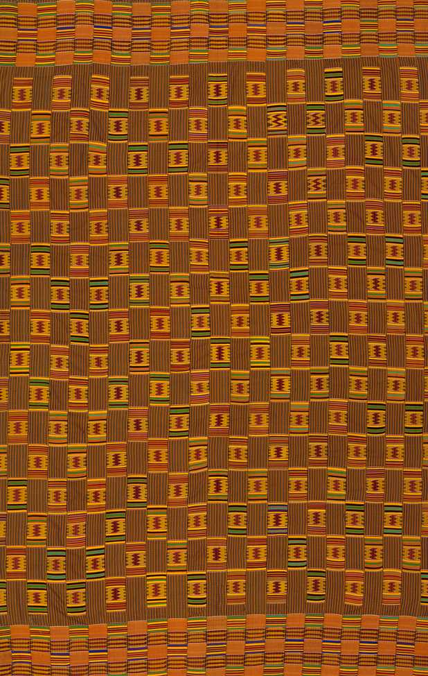 A larger cloth with a brown and orange, checkerboarded like woven design and accented green colors.