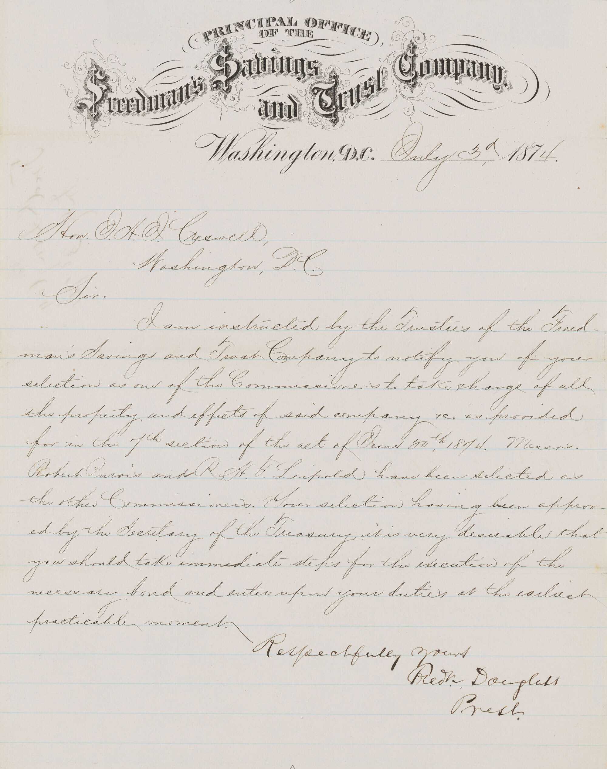A handwritten Freedman’s Savings Bank letter signed by Frederick Douglass.
