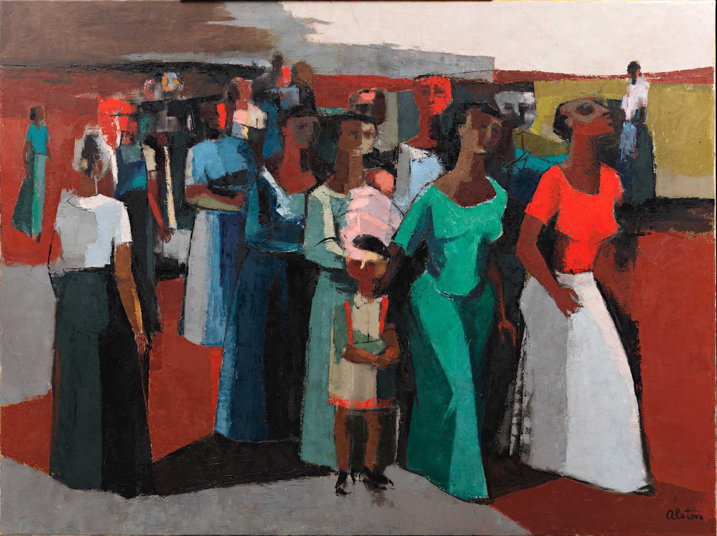 Painting showing a group of people standing together, with two women in front holding a child dressed in light clothing.