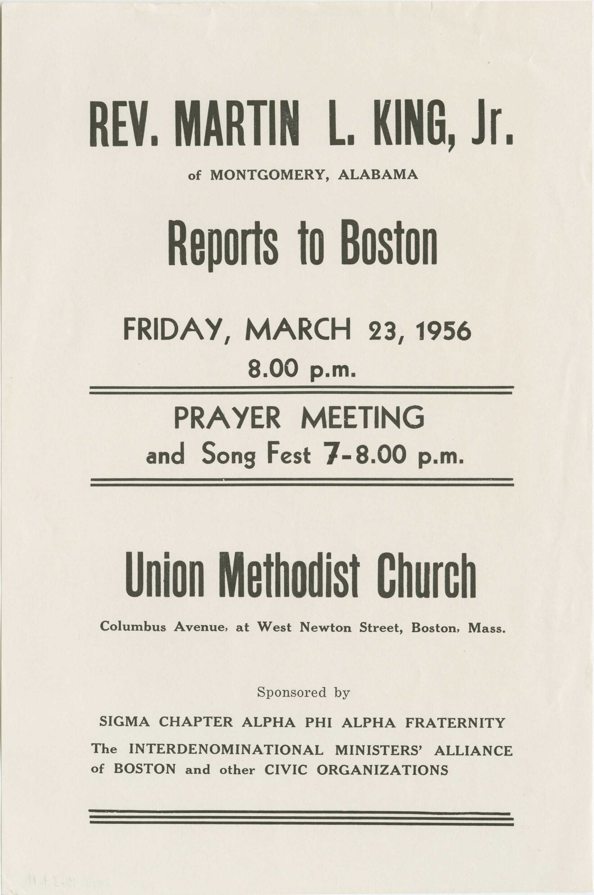 Image of handbill advertising a Prayer Meeting with Martin Luther King, Jr. The handbill has black printed text on white paper.