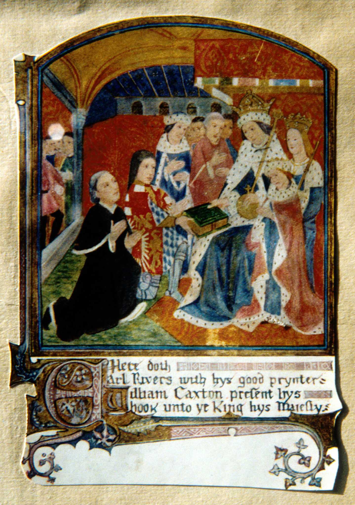 Illustration of royal subjects showing allegiance to nobles and the crown by giving the king a green book..