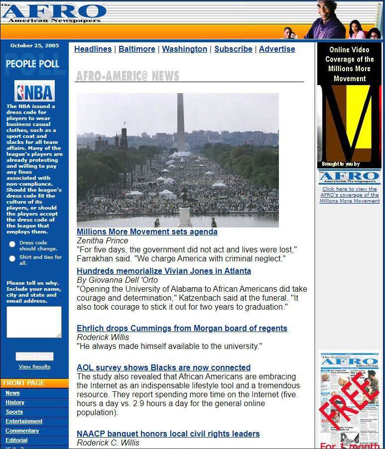 Screenshot of online edition of The Afro-American Newspapers (The AFRO), October 25, 2005