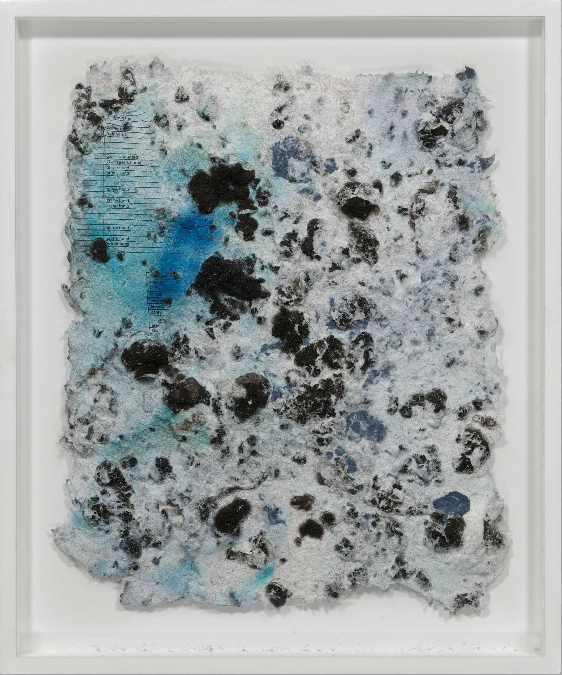 Textured artwork featuring a paper-like material with black and blue abstract patterns and fragments of printed text.