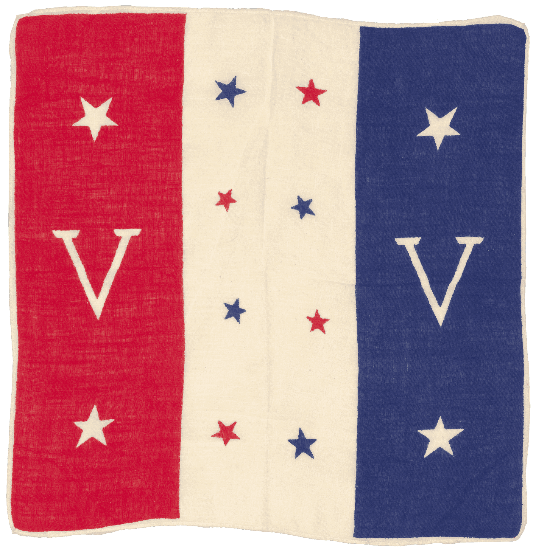 A red, white, and blue linen square handkerchief with a design of 3 vertical stripes with 2 block letter "V"