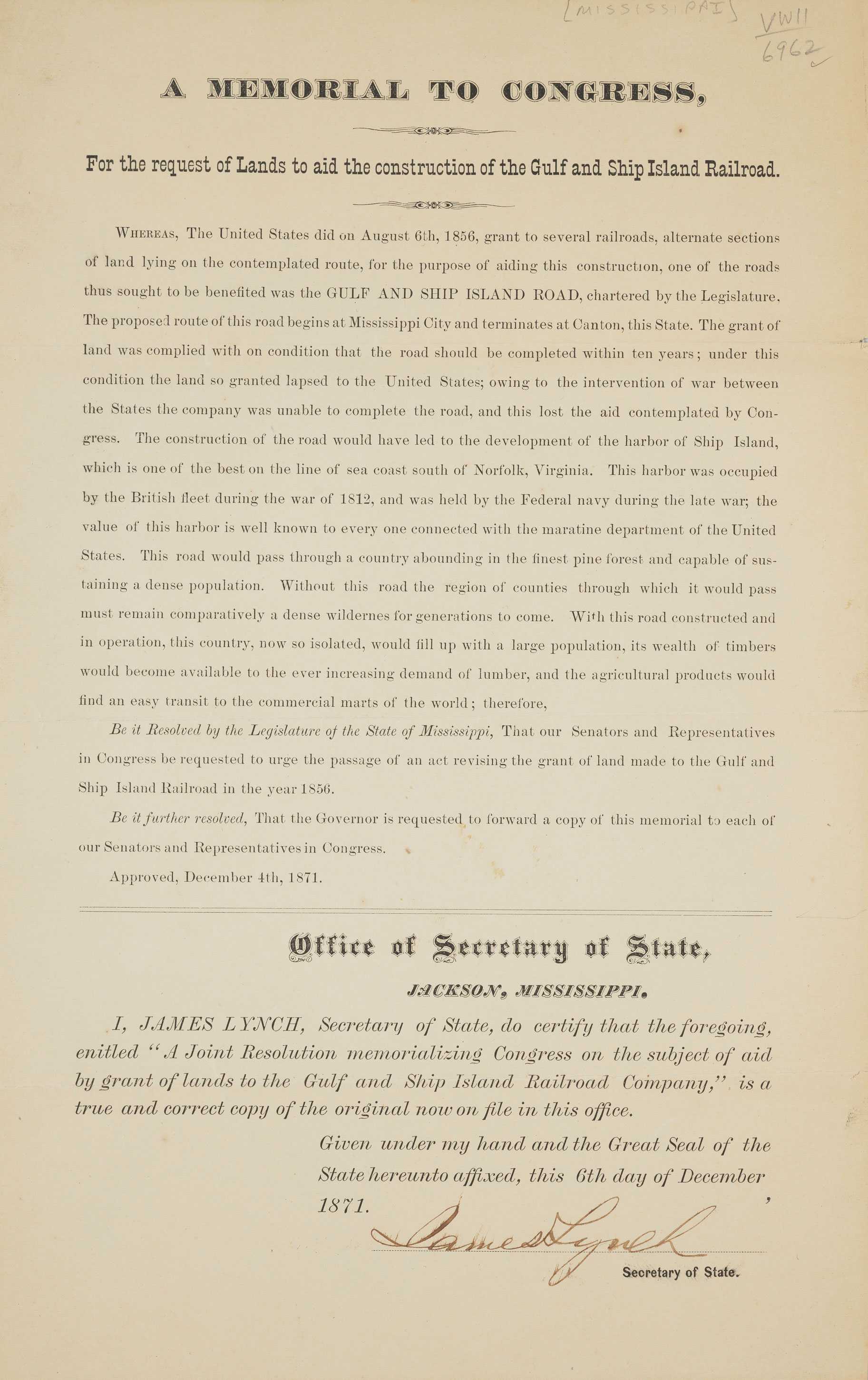 A document requesting Gulf and Ship Island Railroad construction aid from Congress