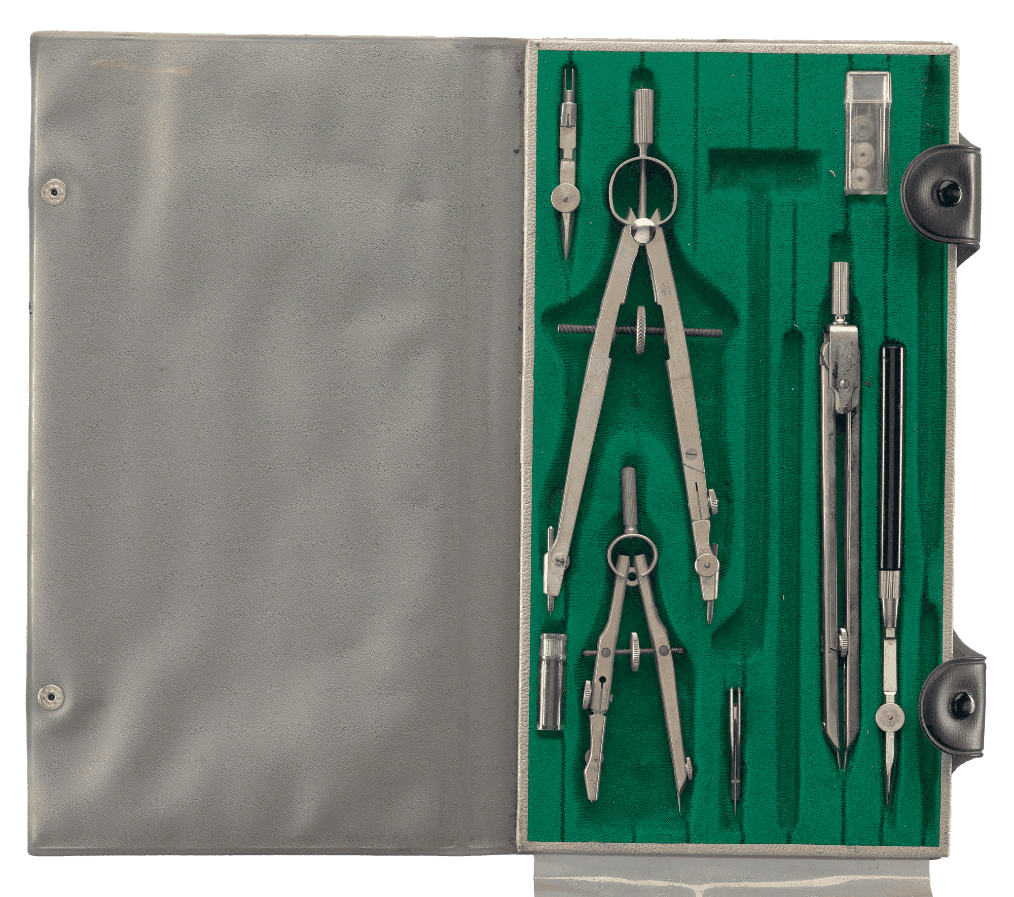 Open case of drafting tool kit used by architect John S. Chase.  Inside is a green fabric base with indents for each of the tools. There are eight (8) separate tools, including compasses, lead, and a ruling pen, in the kit. Some of the slots are empty.