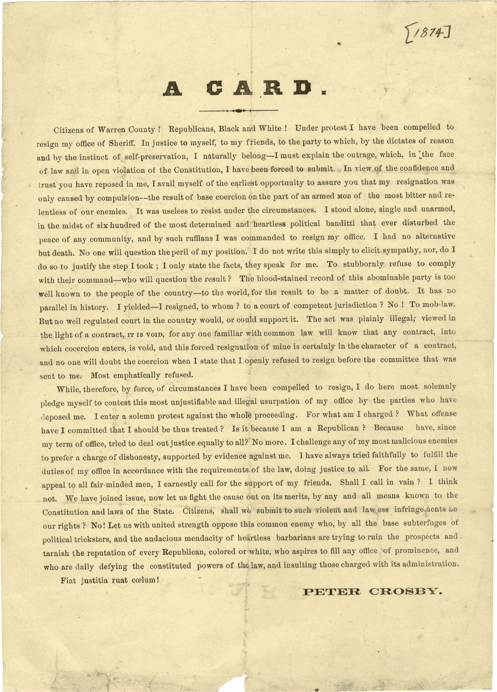 Paper document entitled "A Card" signed by Peter Crosby and dated 1874.