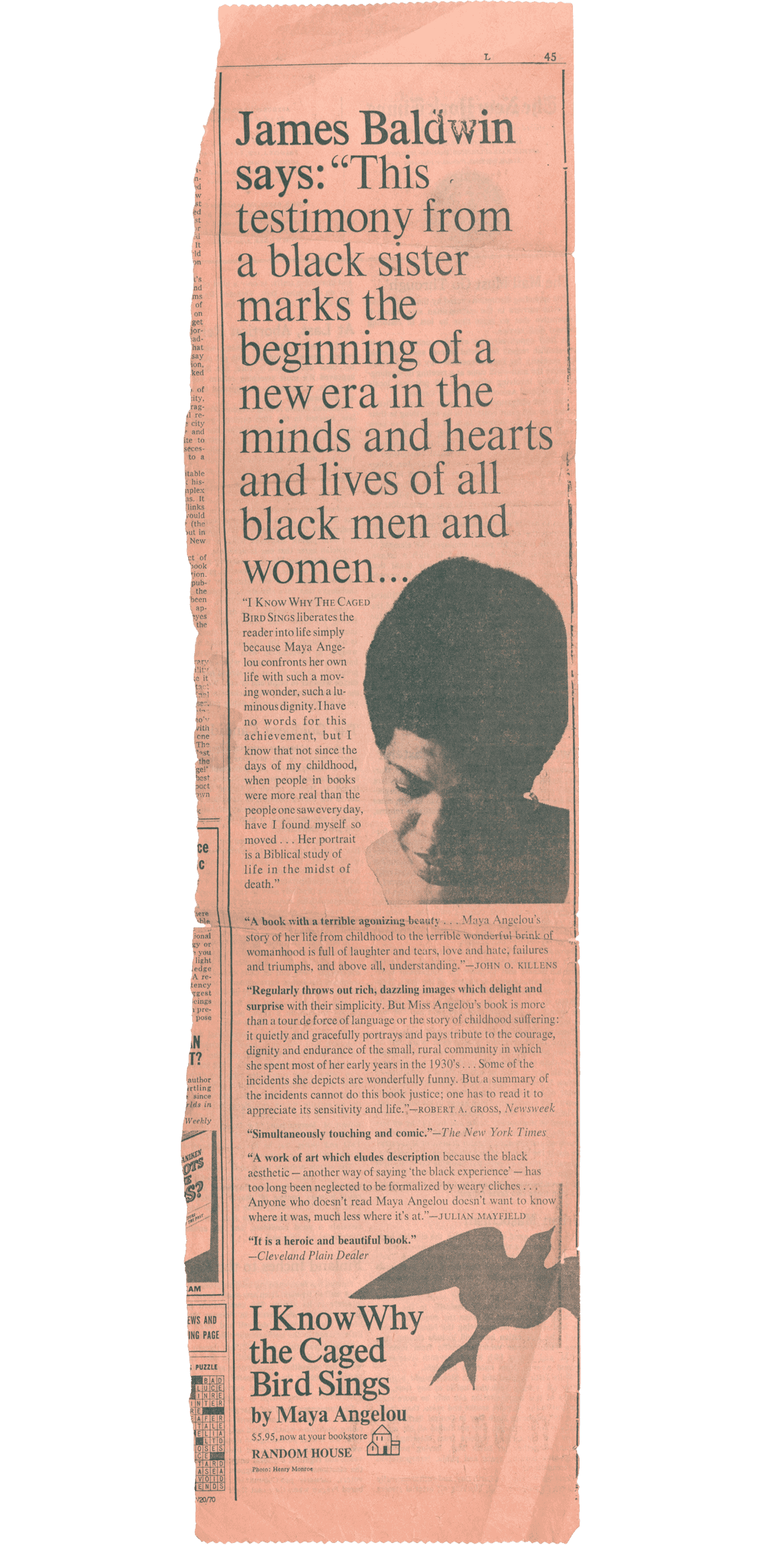 Image of New York Times clipping with reviews of Maya Angelou’s I Know Why the Caged Bird Sings.