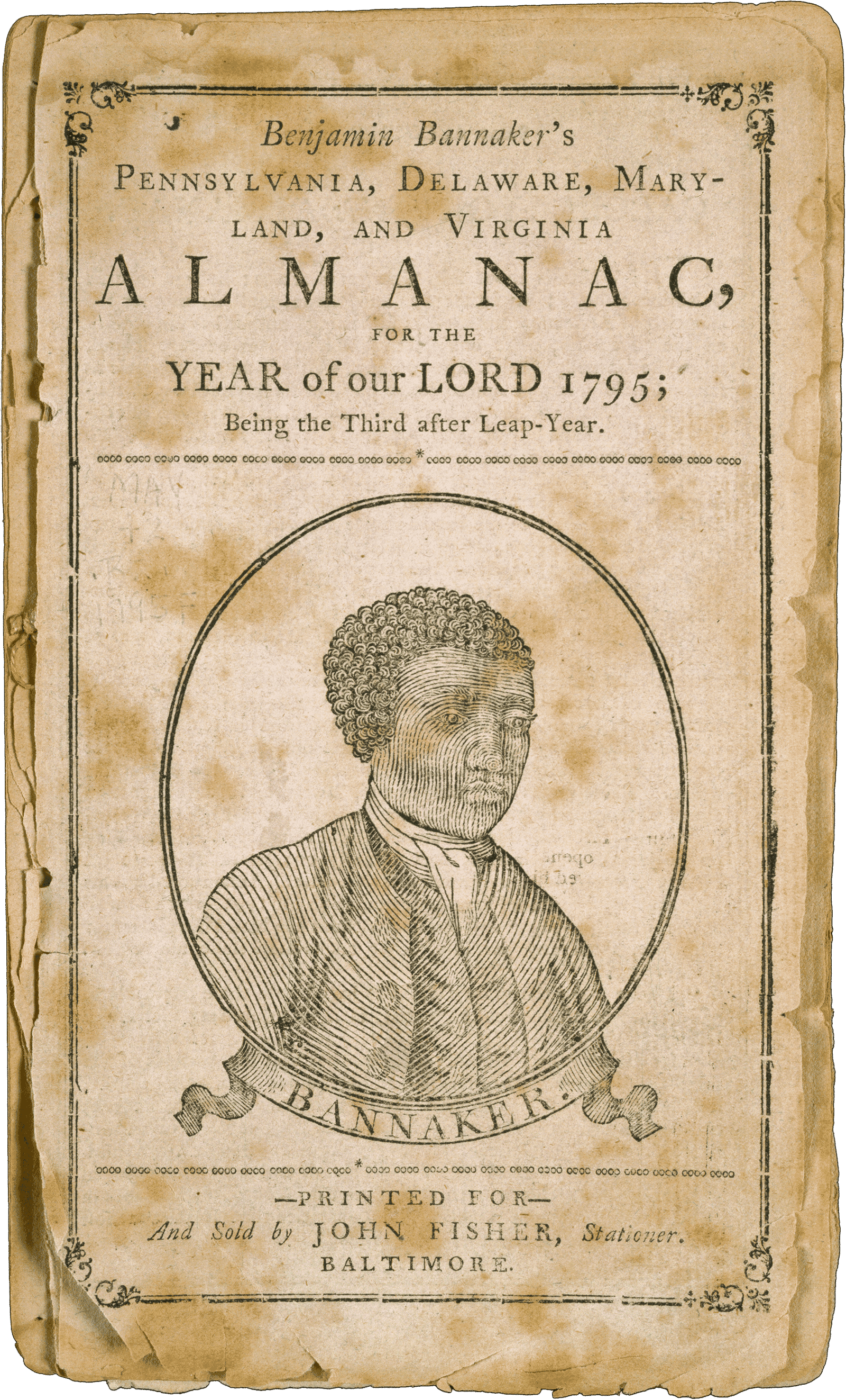 The cover page of Benjamin Bannaker's Almanac with a printed portrait of the author in the middle of the page.