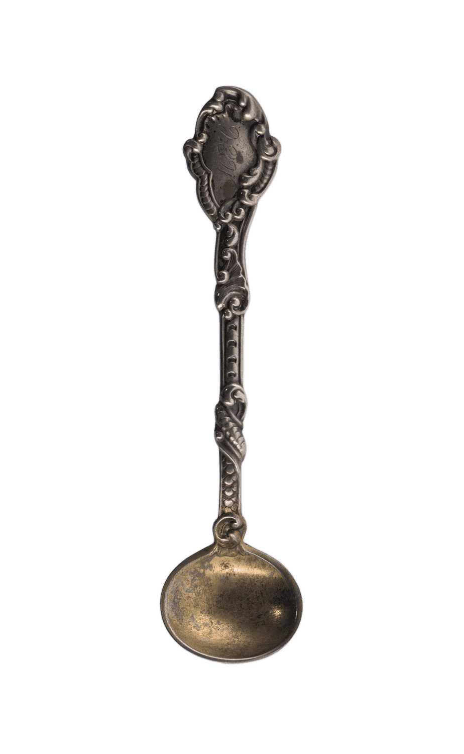 A sterling spoon with a decorative handle and very rounded bowl. The sterling is worn and dark grey.