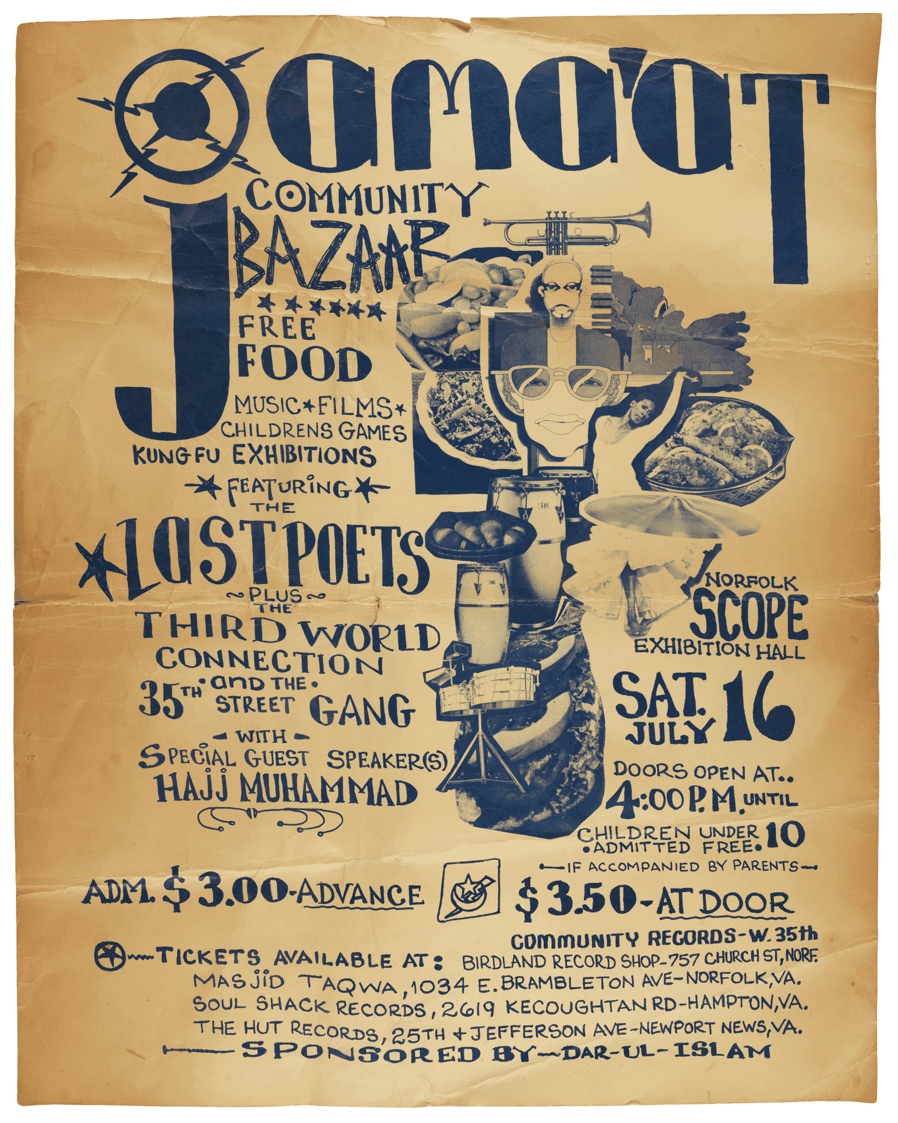 Tan poster with blue type advertising a performance by The Last Poets, in addition to The Third World Connection, The 35th Street Gang, and special guest speaker Hajj Muhammad. The performance is advertised as taking place at the Norfolk Scope Exhibition Hall. The poster include a collage of instruments, people, and other illustrations.