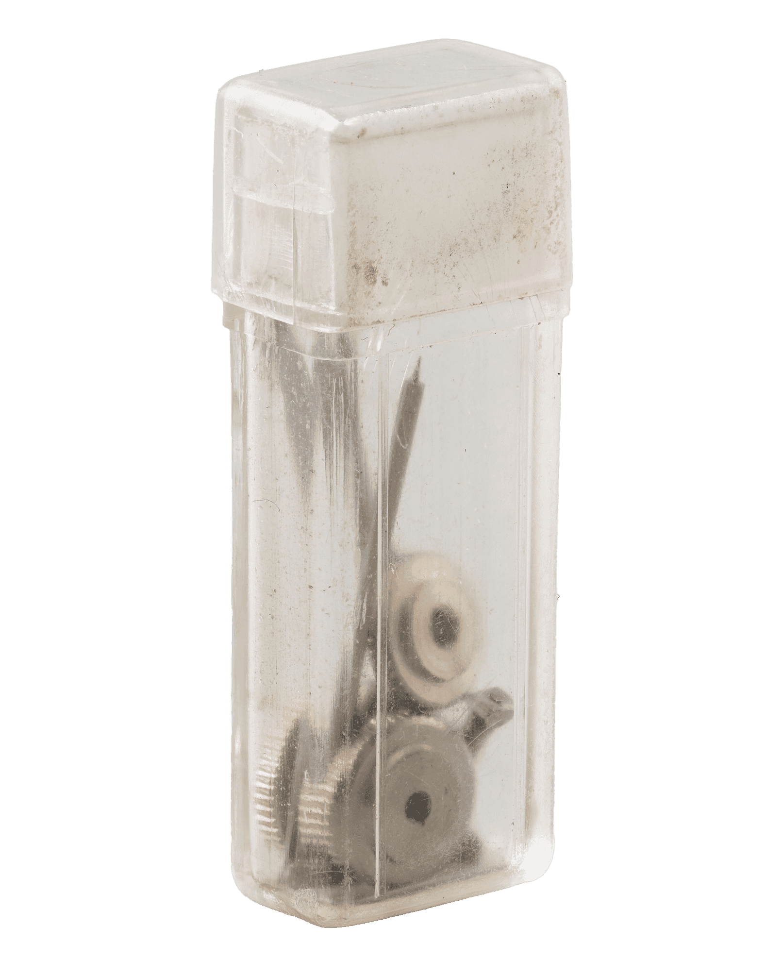 A rectangular container made of clear plastic with a removable cap. Inside the container of eight different pieces. There are three nuts, three bolts, and two needle points.