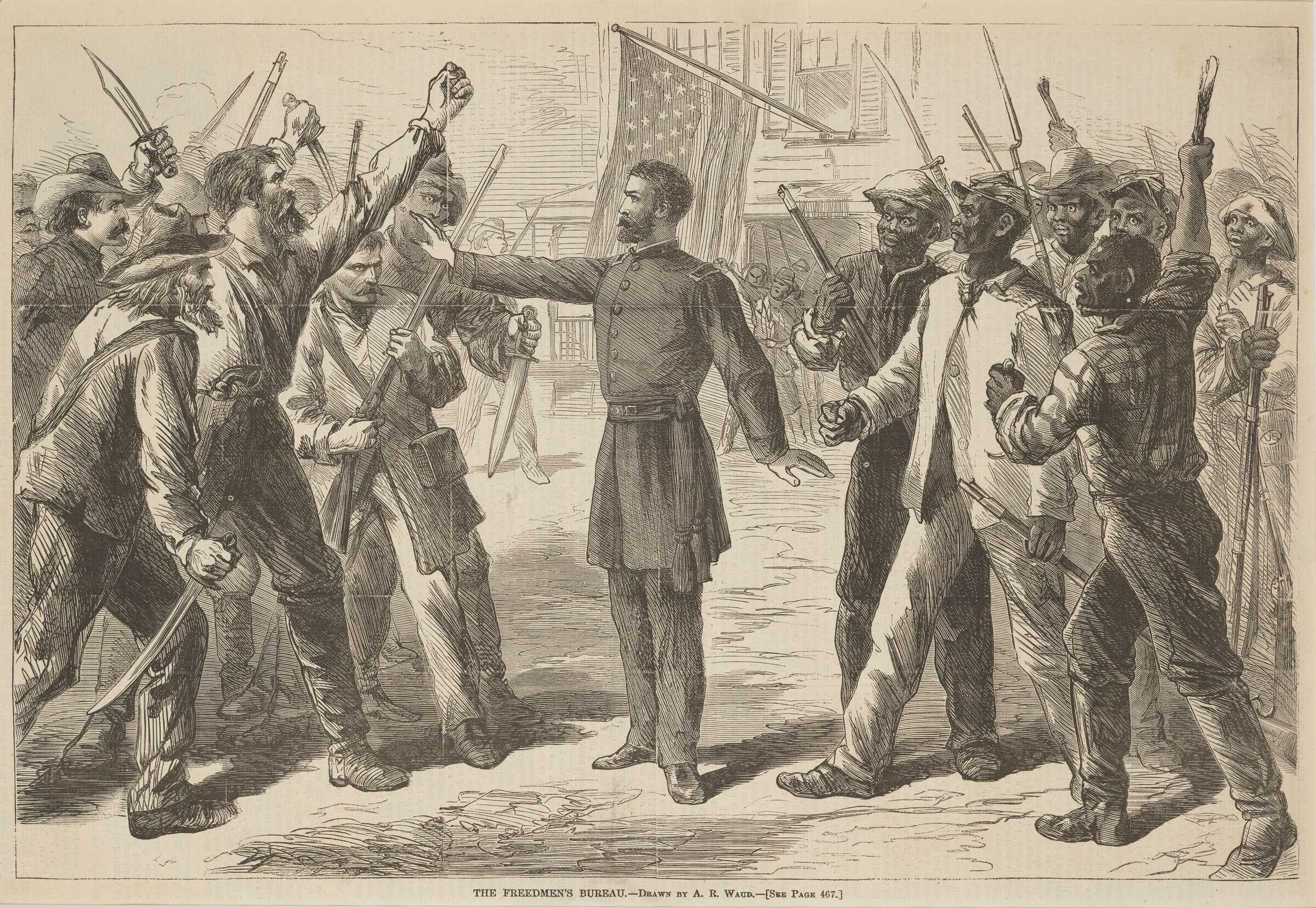 A drawing by A.R Waud depicts disagreement between a white and black crowd of people about the Freedmen's Bureau.