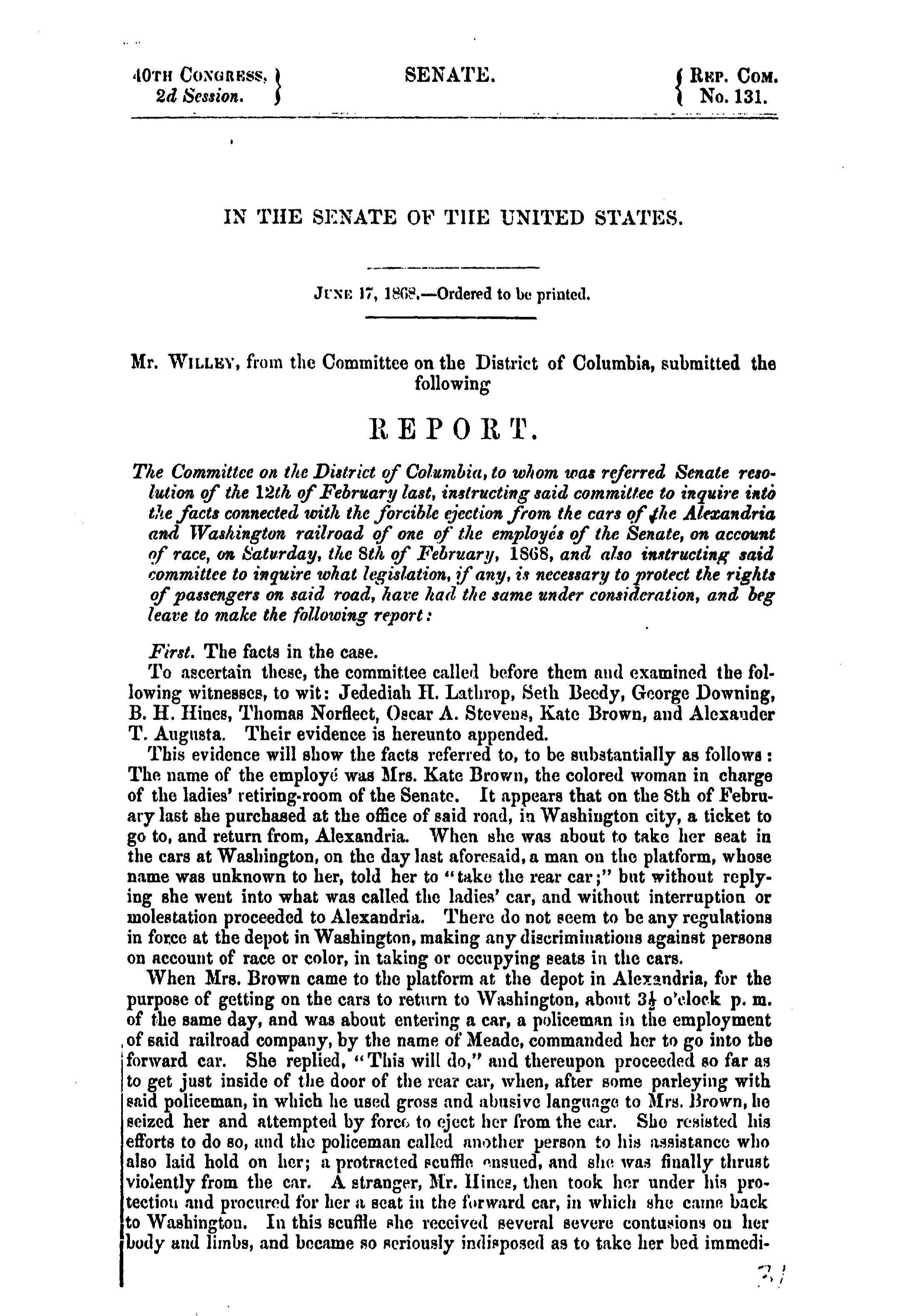 The first page of the Senate report from Mr. Willev. The report is typed and fills the whole page with a few paragraphs.