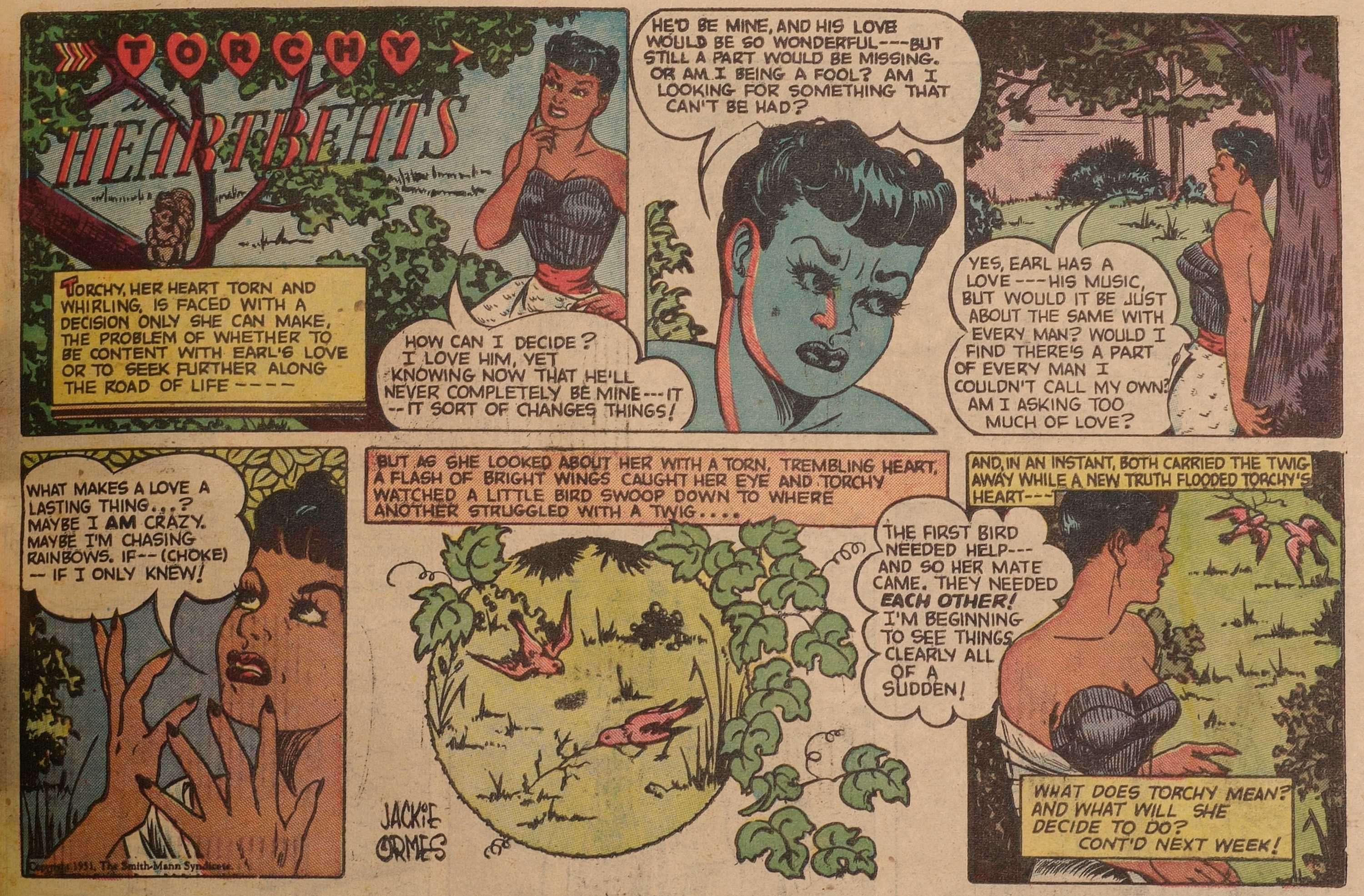 A colored comic strip with 6 panels of Torchy Brown contemplating if she should be with a certain man.