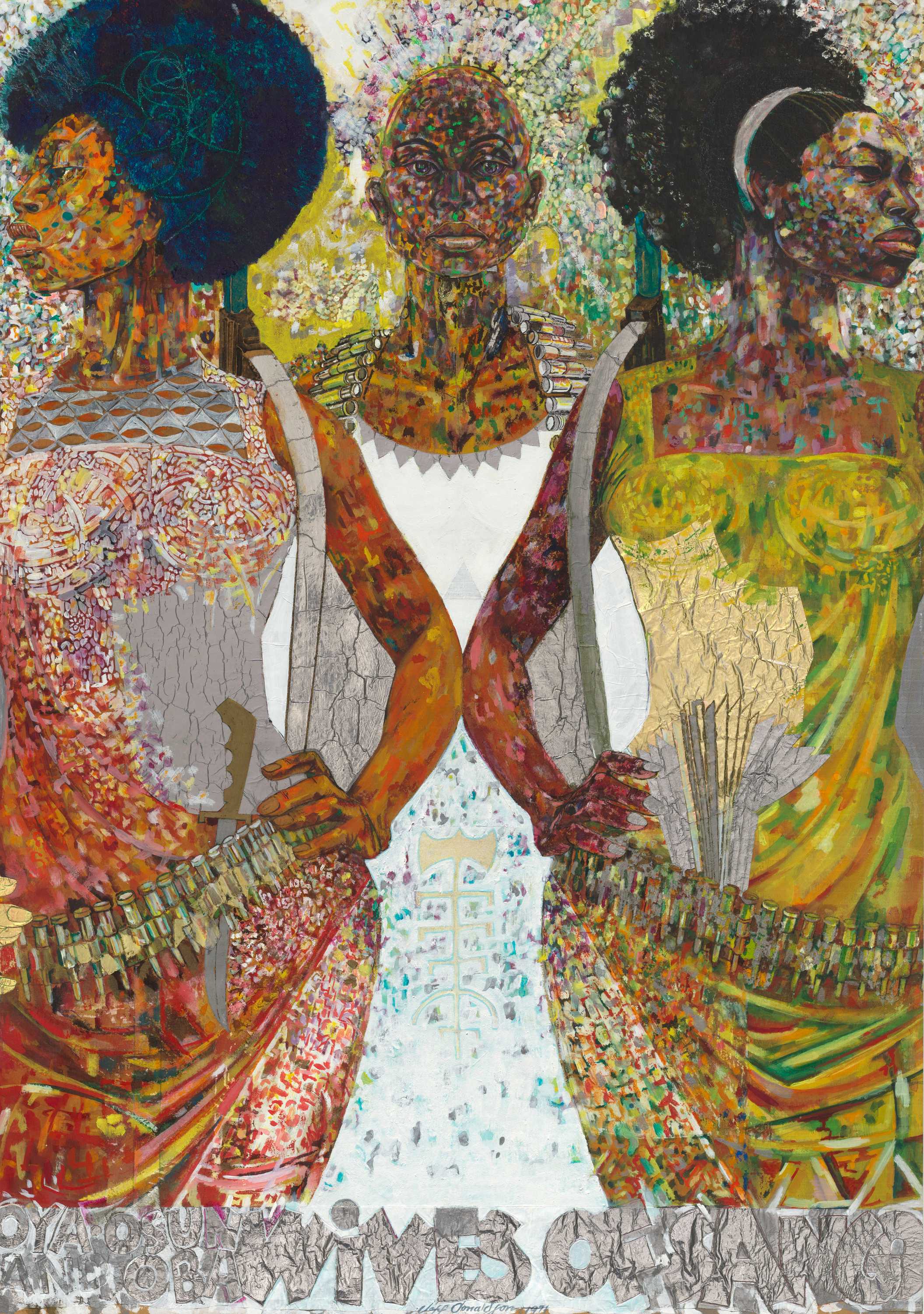 This mixed media artwork by Jeff Donaldson shows the Wives of Sango. Three women are visible in the painting.