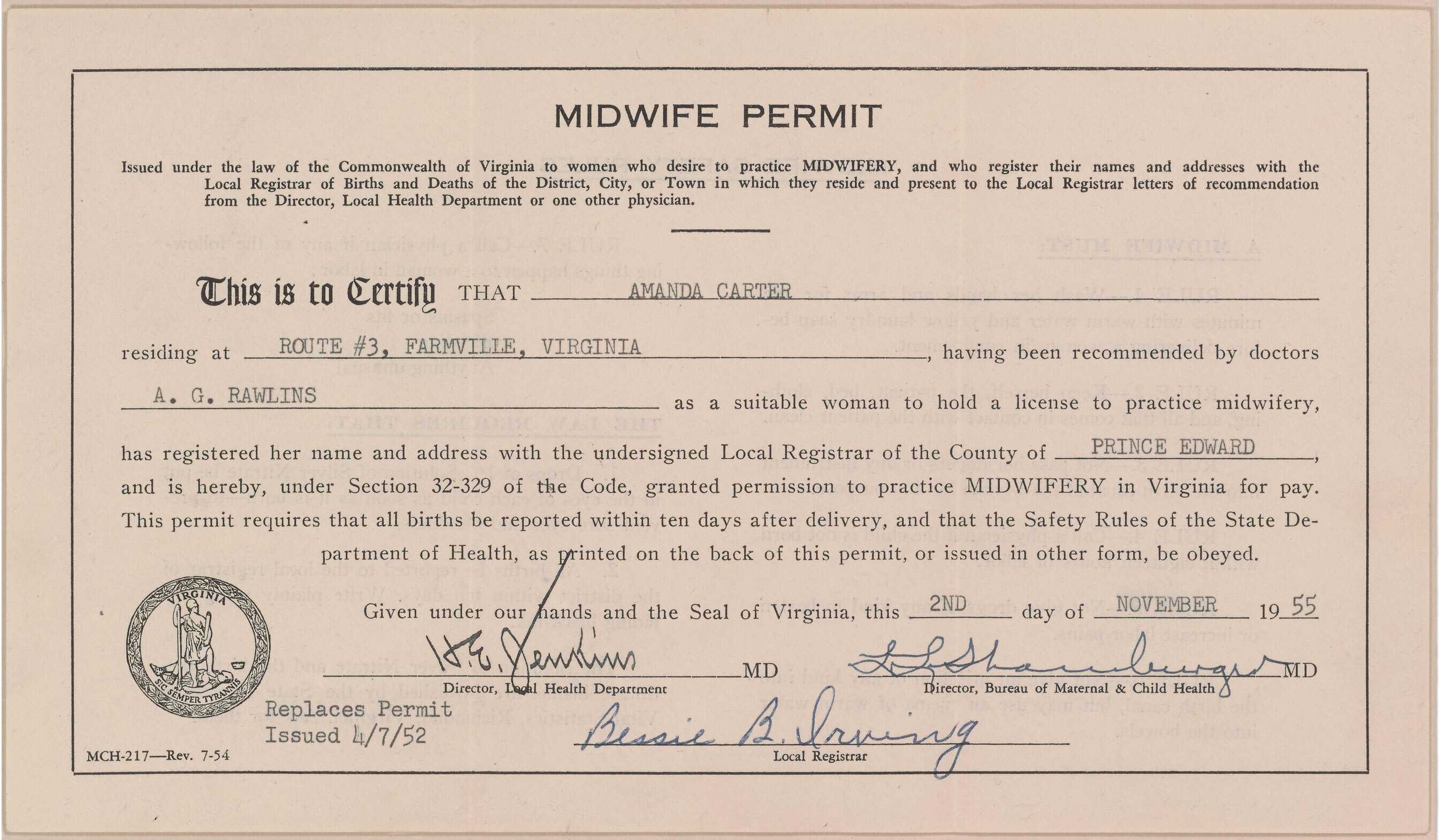 A midwife permit issued to Amanda Carter and dated November 2, 1955.