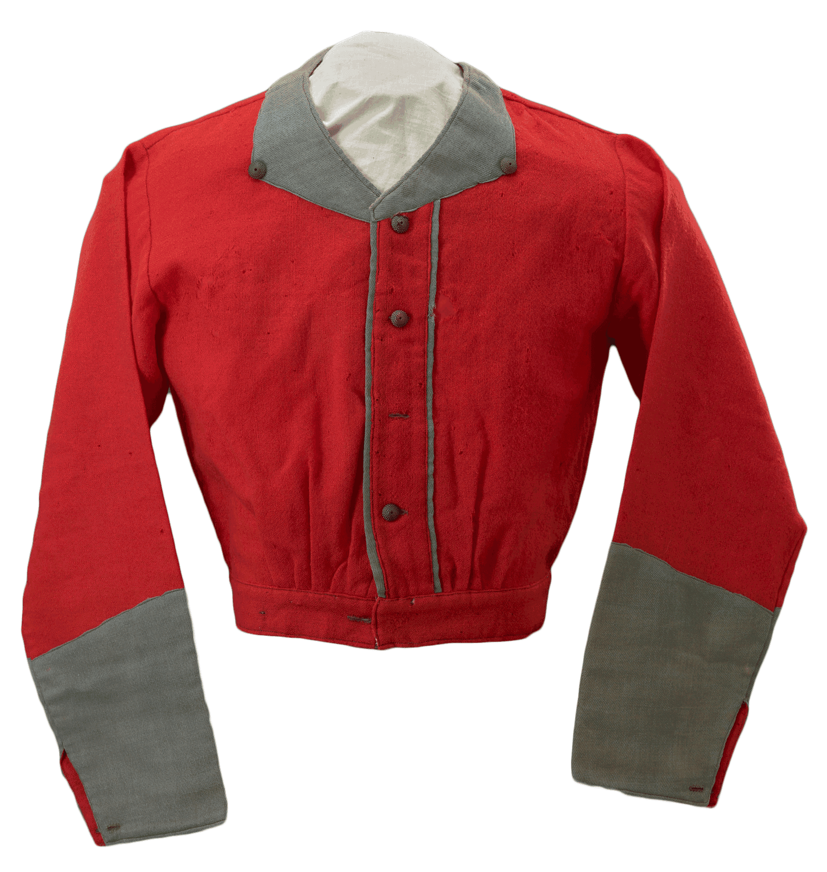Long-sleeved red shirt with grey trim on color, sleeves and buttons.