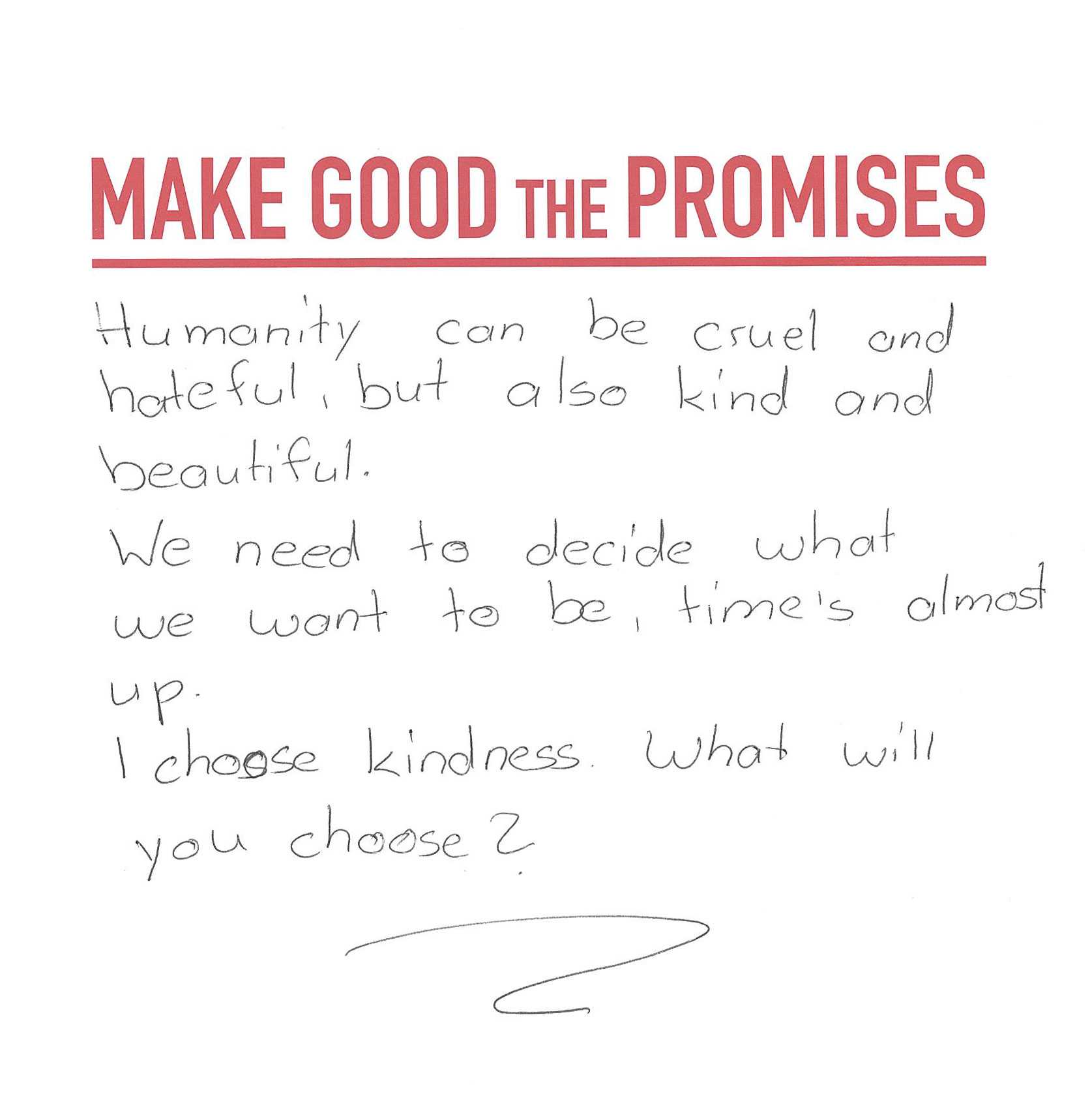 A white card with the handwritten message discussing the importance of humanity and kindness.