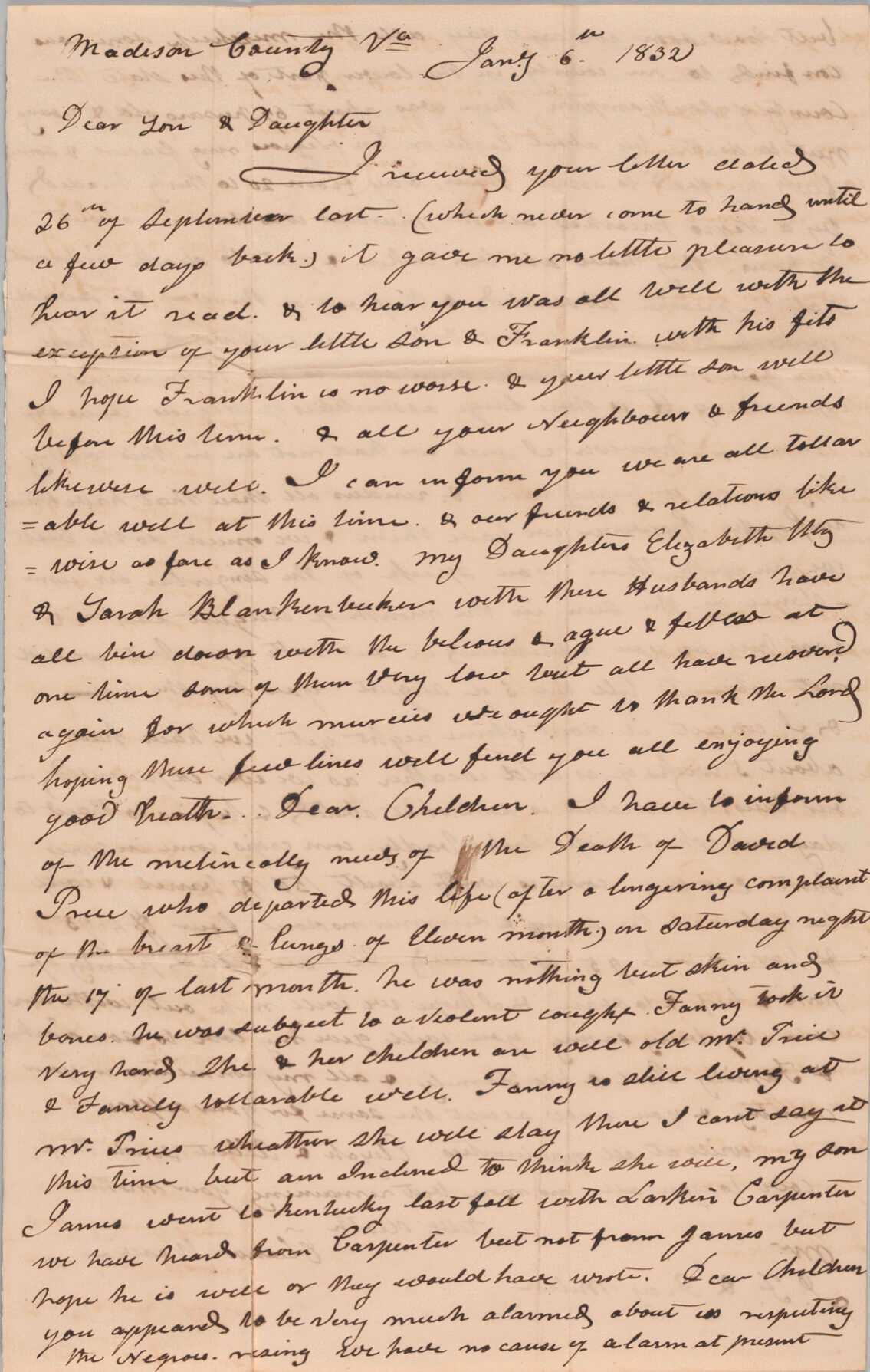 Handwritten letter about Nat Turner's Rebellion