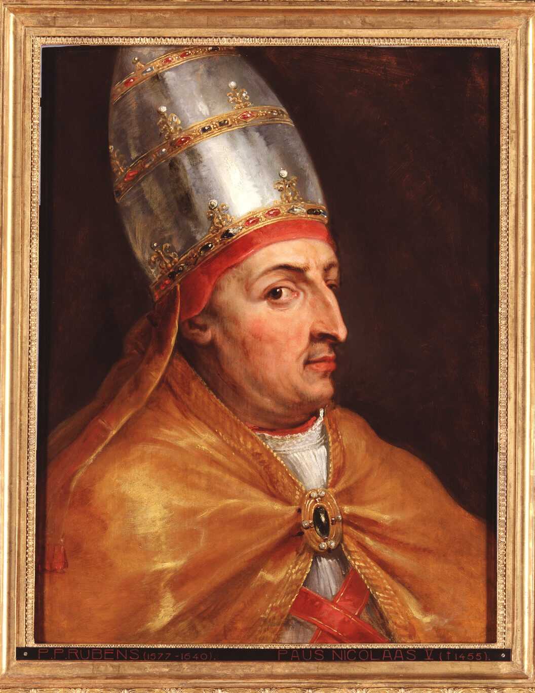 A painted portrait of Pope Nicholas V in a gold frame. The pope is waring a metal like mitre and orange dressing gown.