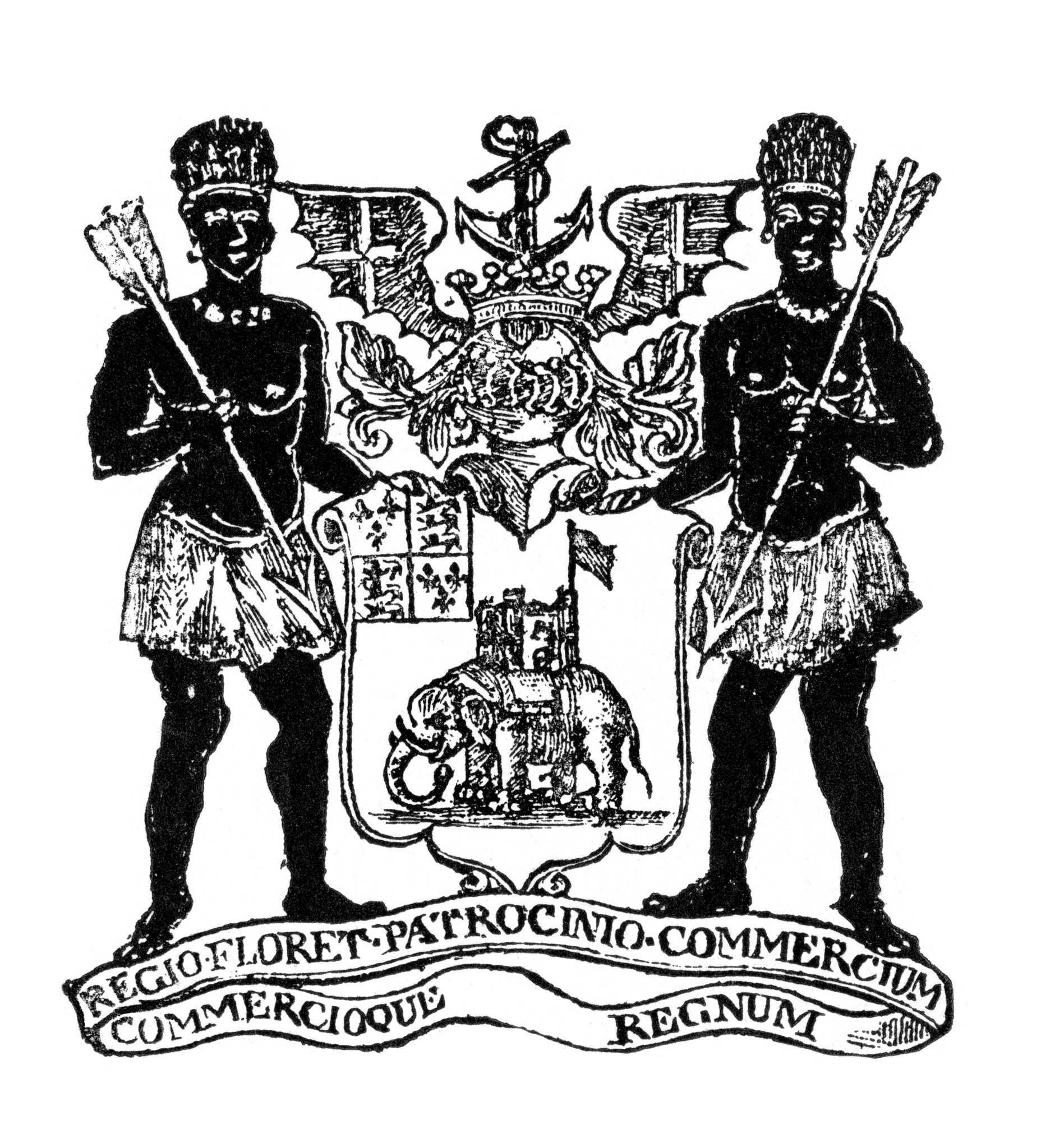Black and white print of Royal Africa Company Logo, which has two men standing next to an emblem.