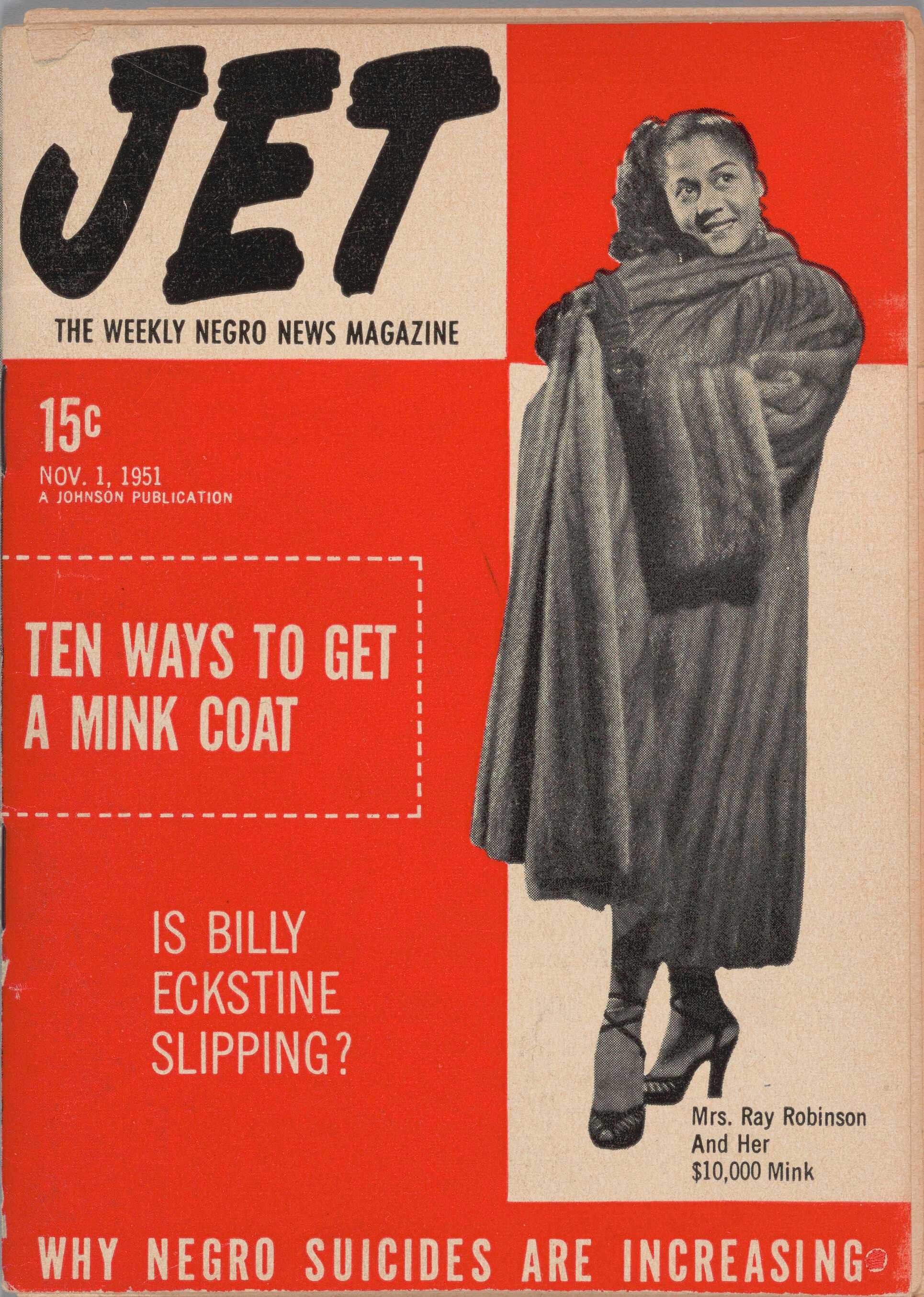 Jet Magazine, volume 1, number 1, featuring a full length black and white image of Mrs. Ray Robinson, against a red and white background.