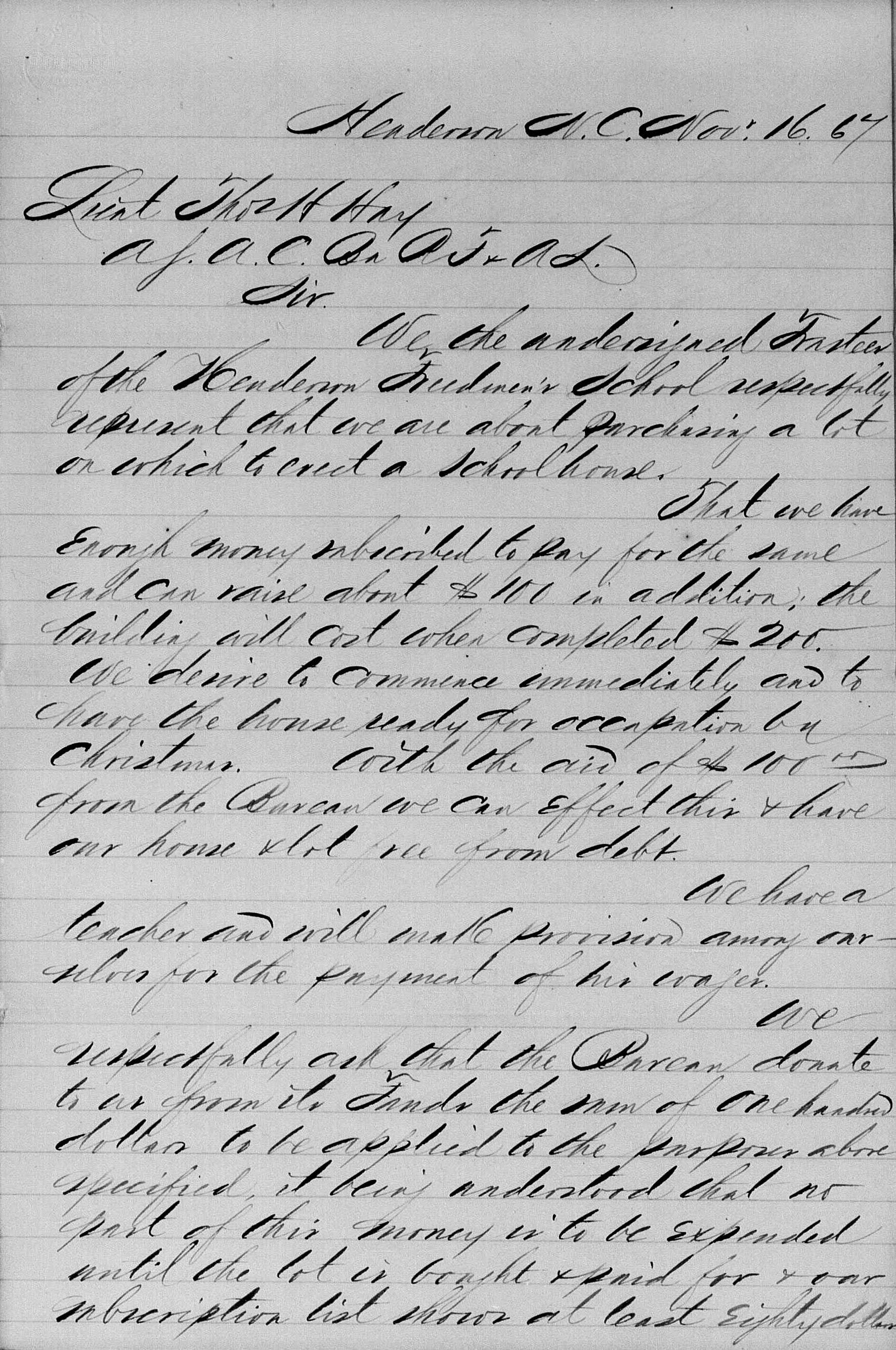 A handwritten petition for a school on a lined paper. The petition, that fills whole page, has multiple paragraphs.